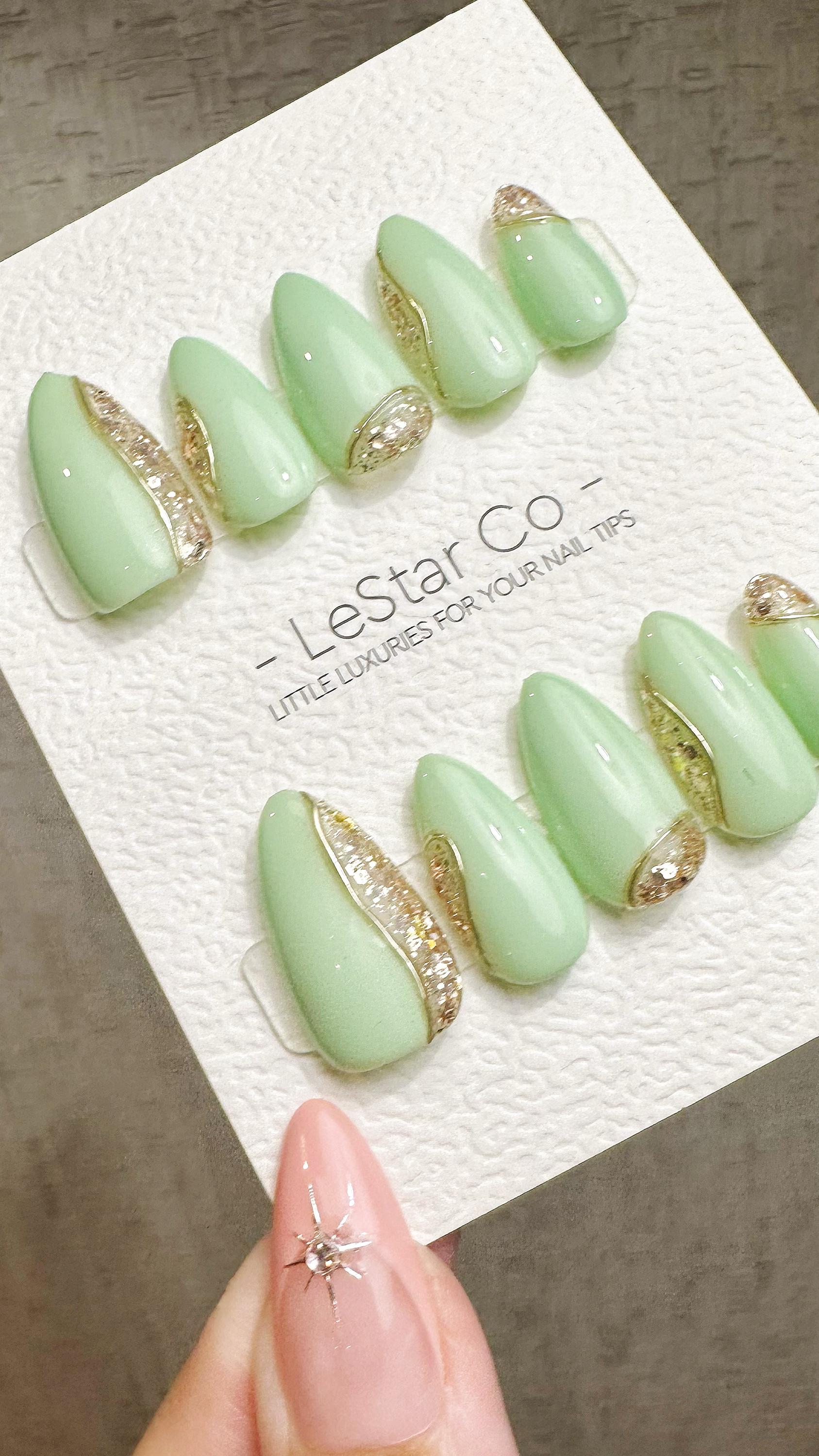 Reusable Crystal Mint | Premium Press on Nails Gel Hand Painted Pressons Customizable Gel Nail Artist faux nails ML931