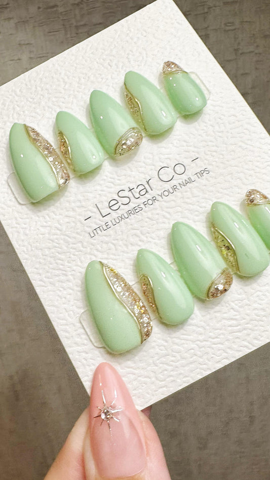 Reusable Crystal Mint | Premium Press on Nails Gel Hand Painted Pressons Customizable Gel Nail Artist faux nails ML931