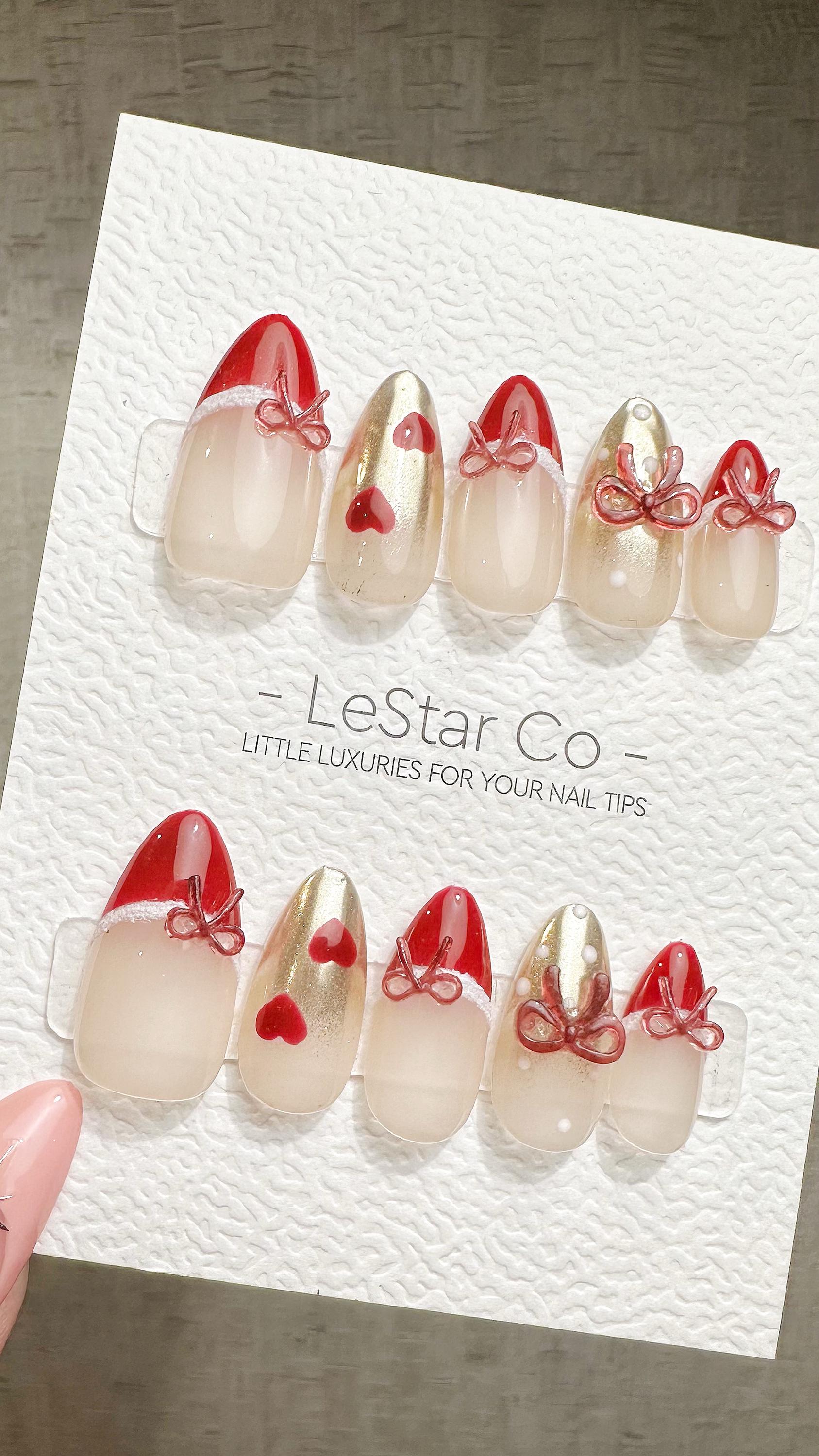 Reusable Ruby Ribbon French Tip| Premium Press on Nails Gel | Fake Nails | Cute Fun Colorful Gel Nail Artist faux nails ML930