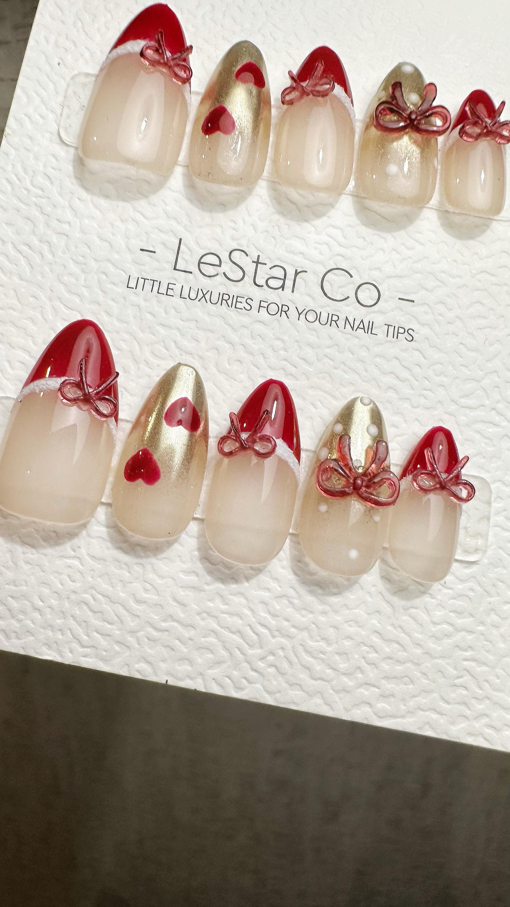 Reusable Ruby Ribbon French Tip| Premium Press on Nails Gel | Fake Nails | Cute Fun Colorful Gel Nail Artist faux nails ML930