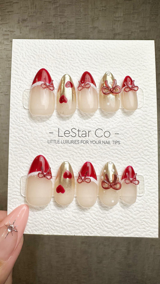 Reusable Ruby Ribbon French Tip| Premium Press on Nails Gel | Fake Nails | Cute Fun Colorful Gel Nail Artist faux nails ML930