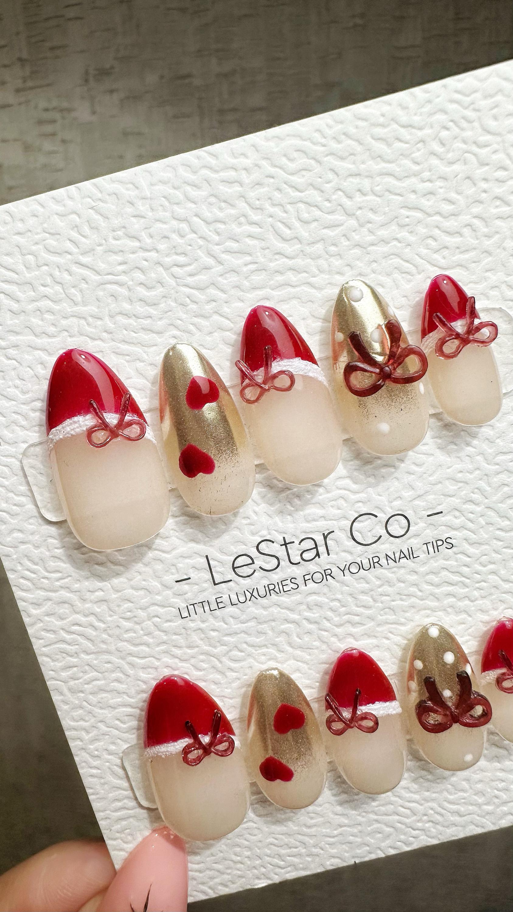 Reusable Ruby Ribbon French Tip| Premium Press on Nails Gel | Fake Nails | Cute Fun Colorful Gel Nail Artist faux nails ML930