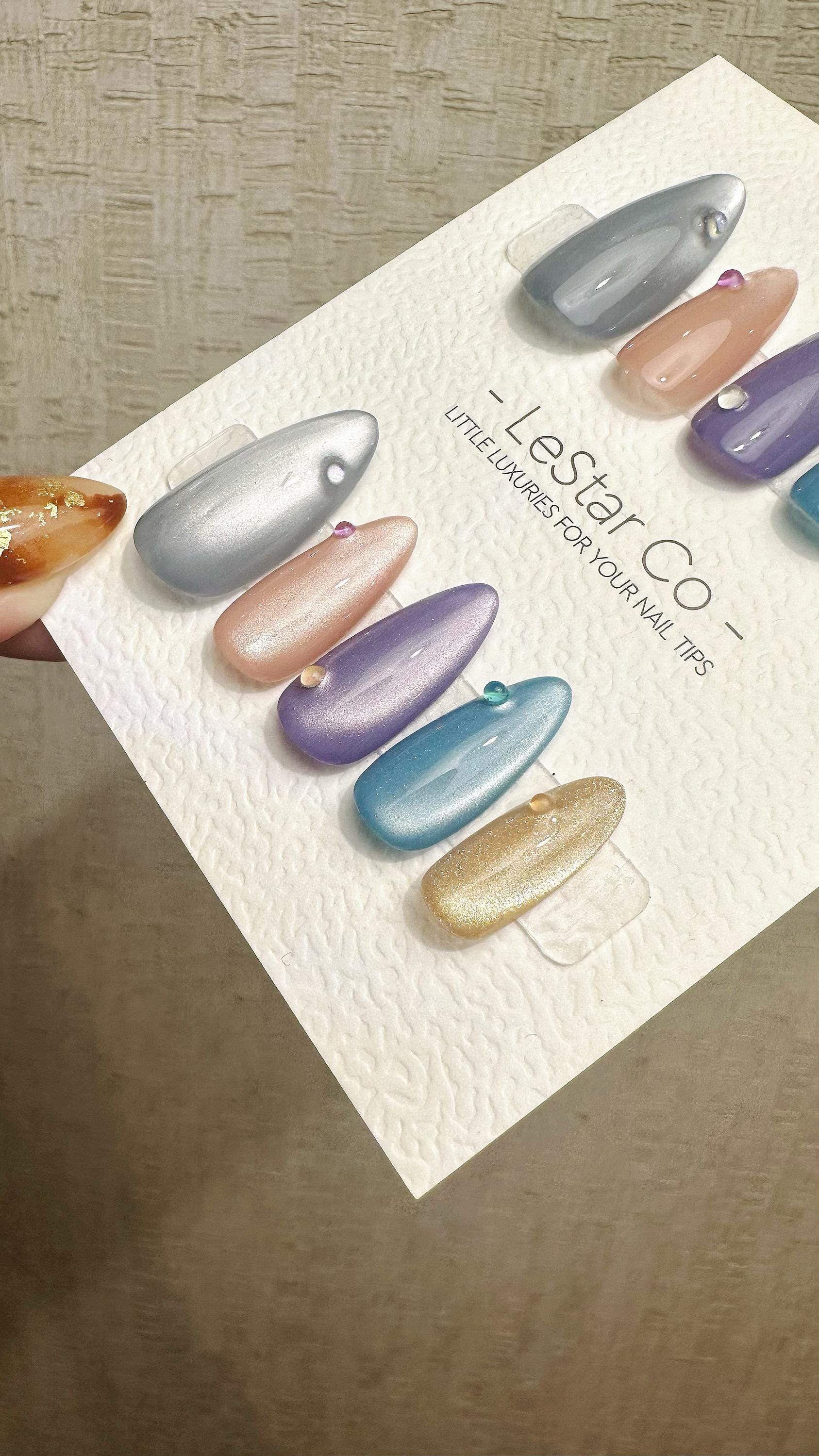 Reusable Starlit Gem Cat Eye Effect | Premium Press on Nails Gel Hand Painted Pressons Customizable Gel Nail Artist fake nails WM938