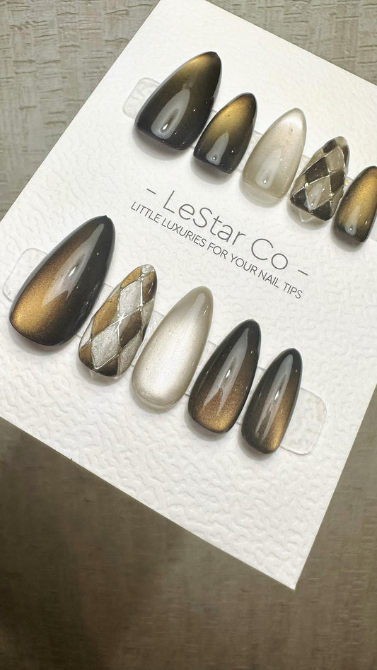 Reusable Champagne Shadows Cat Eye Effect | Premium Press on Nails Gel Hand Painted Pressons Customizable Gel Nail Artist faux nails WM940