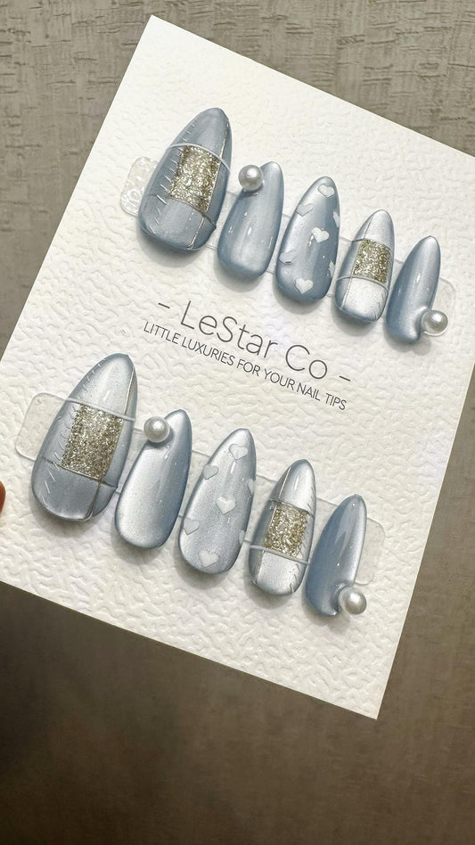 Reusable Silver Serenade Cat Eye Effect | Premium Press on Nails Gel Hand Painted Pressons Customizable Gel Nail Artist faux nails WM941