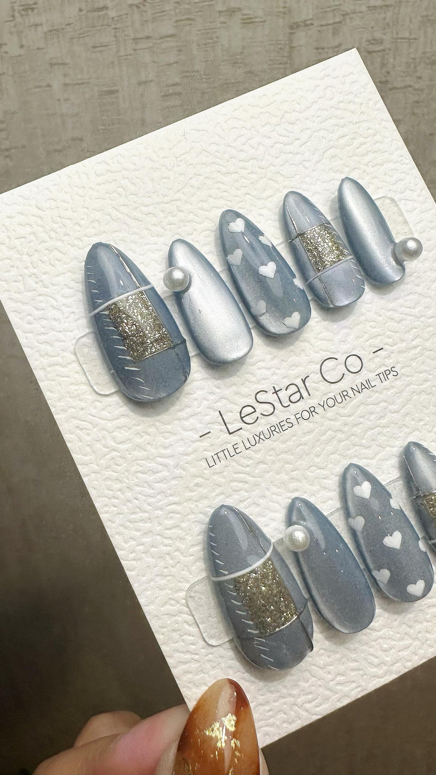 Reusable Silver Serenade Cat Eye Effect | Premium Press on Nails Gel Hand Painted Pressons Customizable Gel Nail Artist faux nails WM941