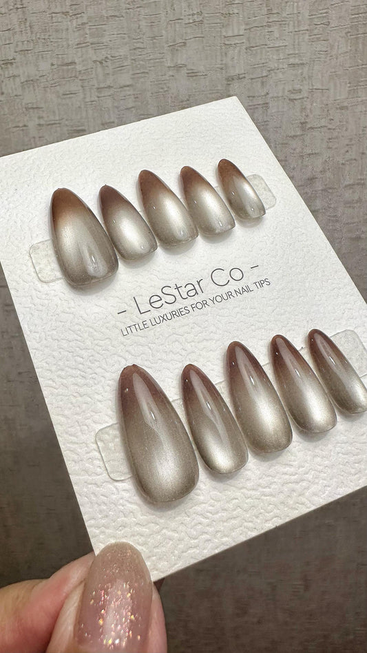 Reusable Mocha Mist Cat Eye Effect | Premium Press on Nails Gel Hand Painted Pressons Customizable Gel Nail Artist fake nails WM937