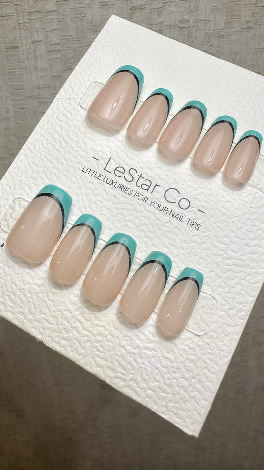 Reusable Turquoise Touch French Tip | Premium Press on Nails Gel Hand Painted Pressons Customizable Gel Nail Artist faux nails WM945