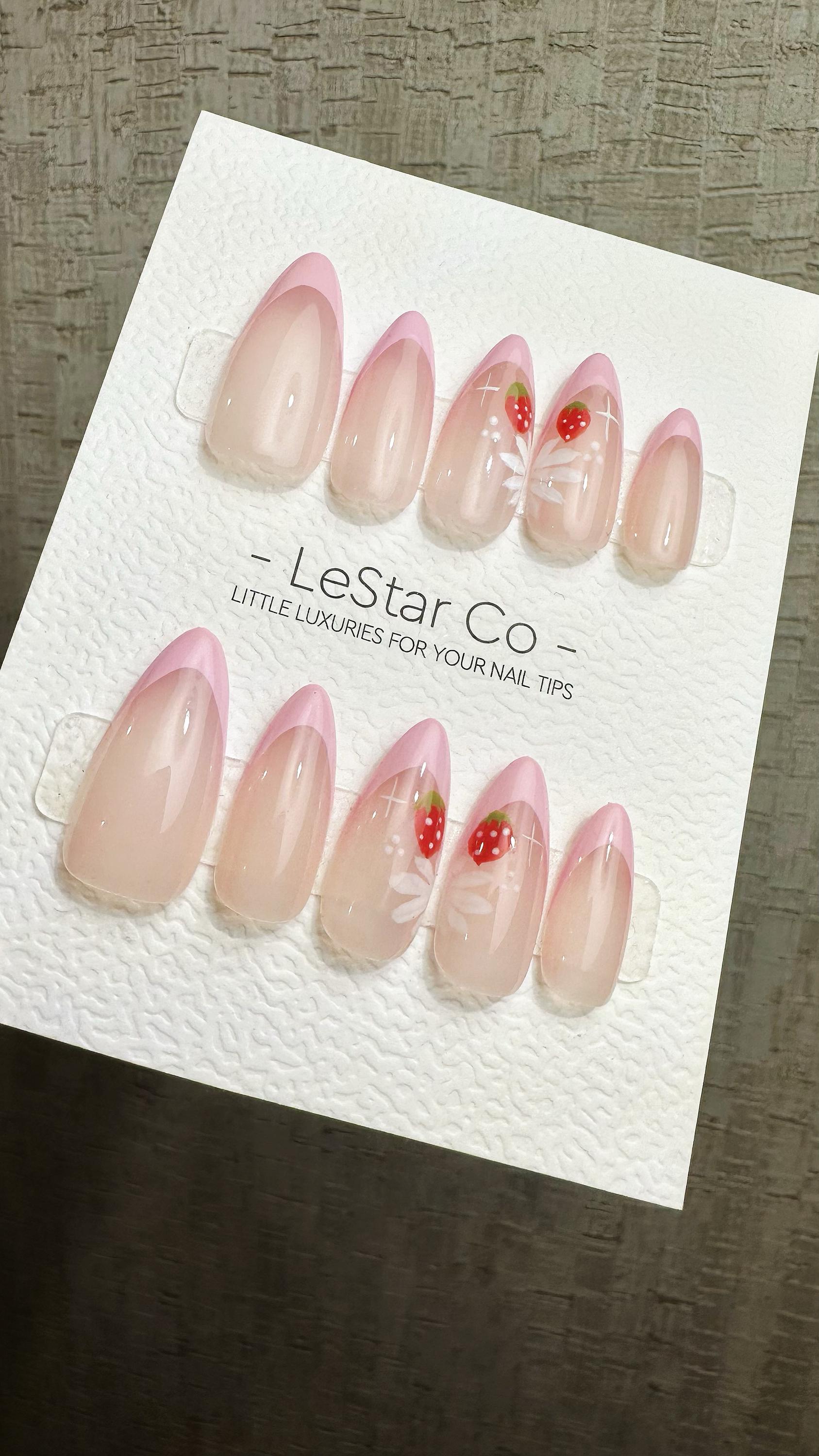Reusable Strawberry Blossom Pink French Tip | Premium Press on Nails Gel Hand Painted Pressons Customizable Gel Nail fake nails WM951