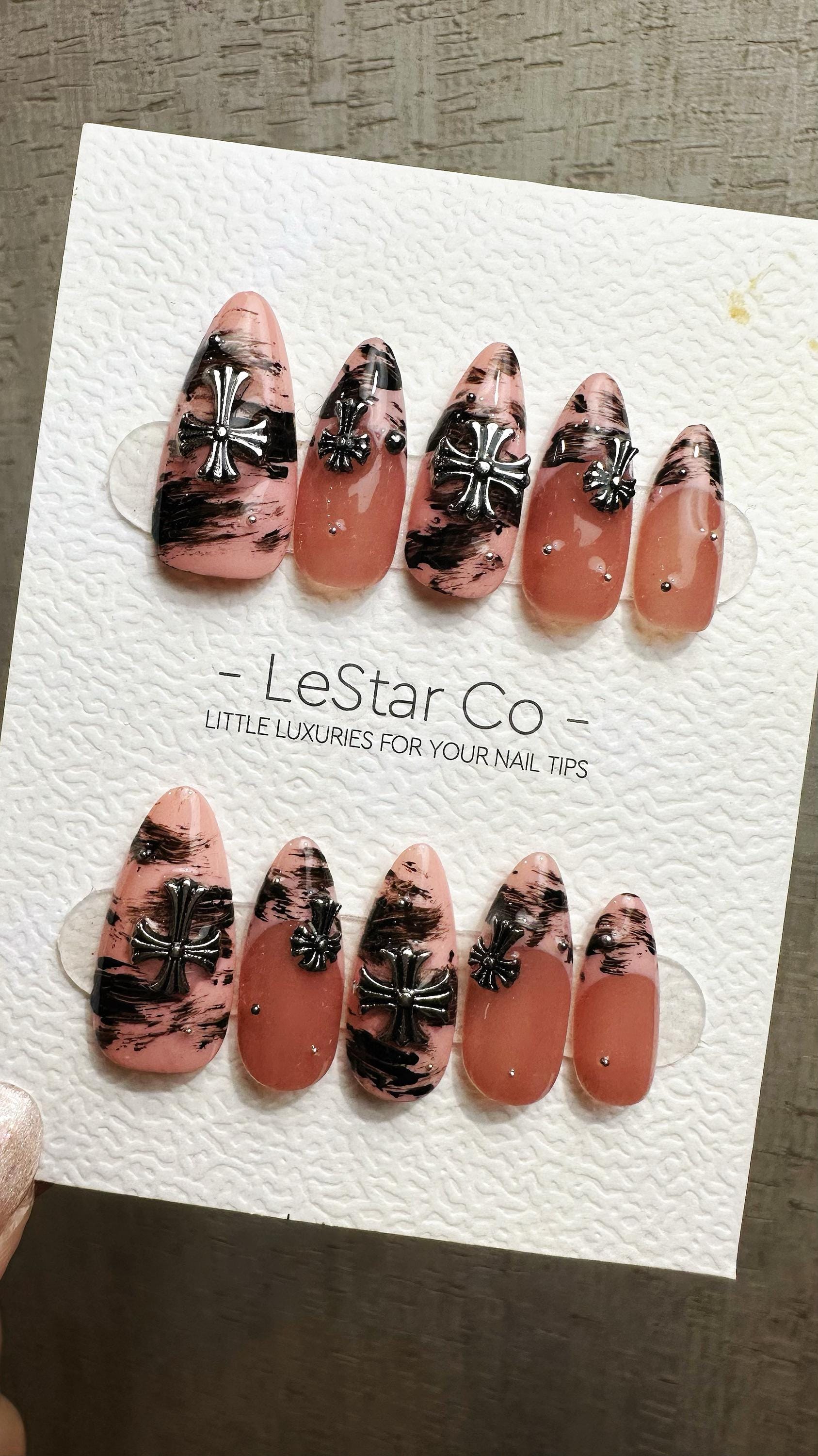 Reusable Marble Midnight Cross French Tip | Premium Press on Nails Gel Hand Painted Pressons Customizable Gel Nail fake nails WM952