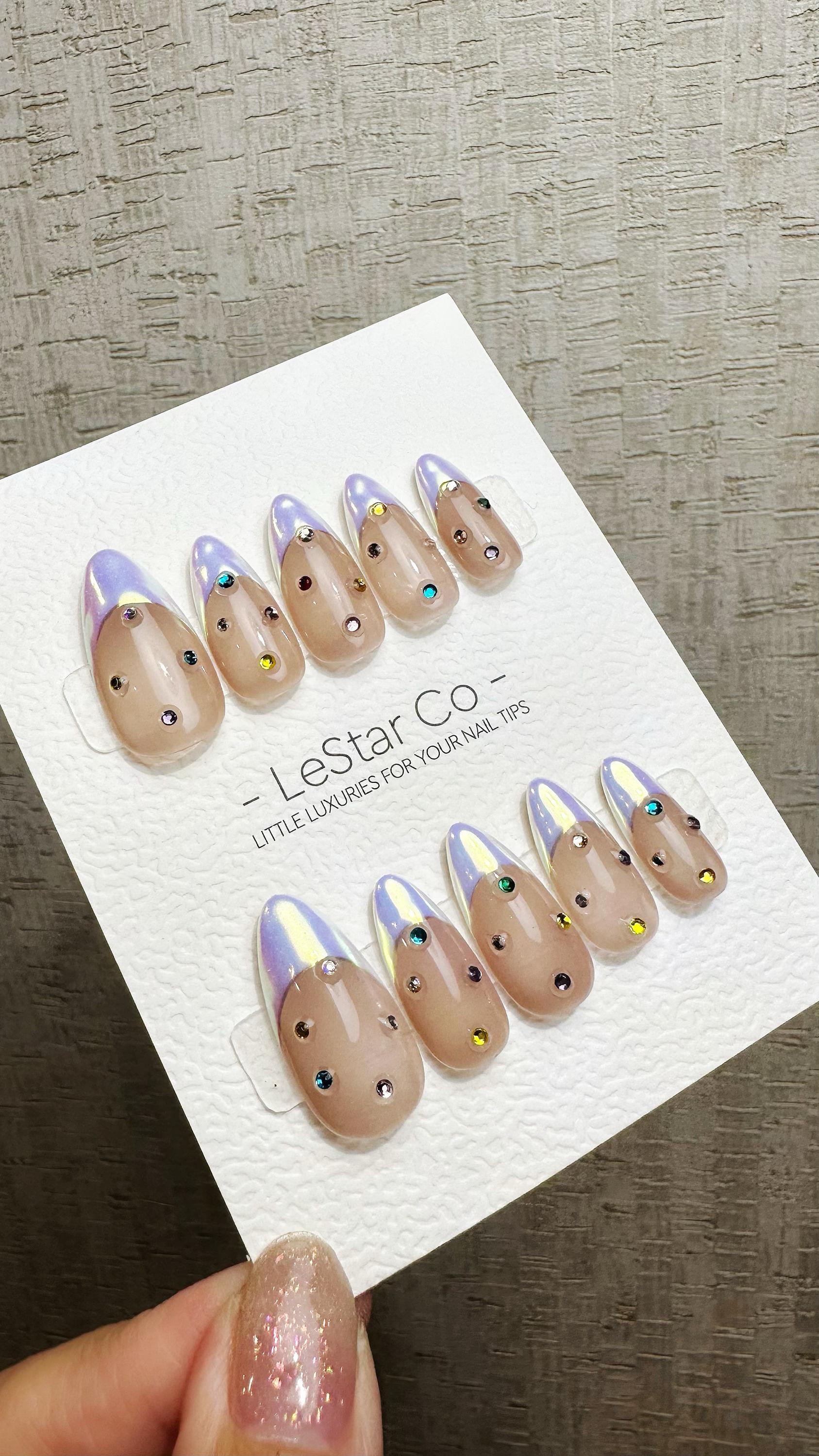 Reusable Iridescent Jewel Glow French Tip | Premium Press on Nails Gel Hand Painted Pressons Customizable Gel Nail Artist faux nails QN954