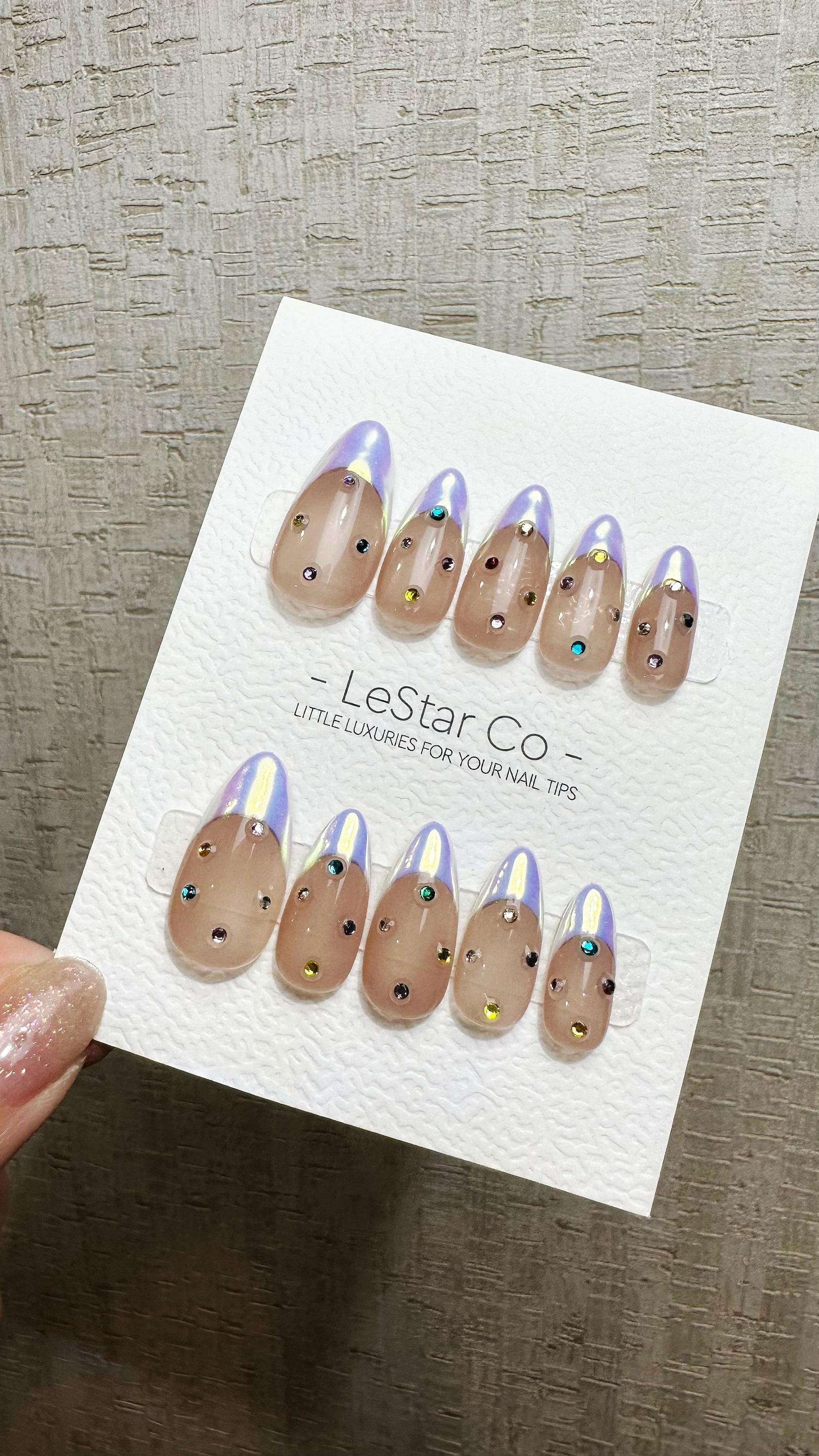 Reusable Iridescent Jewel Glow French Tip | Premium Press on Nails Gel Hand Painted Pressons Customizable Gel Nail Artist faux nails QN954