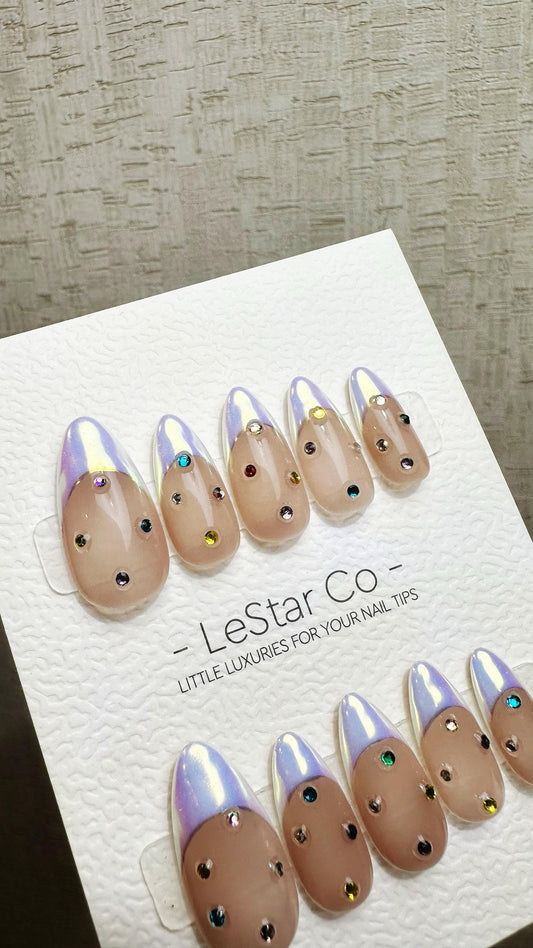 Reusable Iridescent Jewel Glow French Tip | Premium Press on Nails Gel Hand Painted Pressons Customizable Gel Nail Artist faux nails QN954