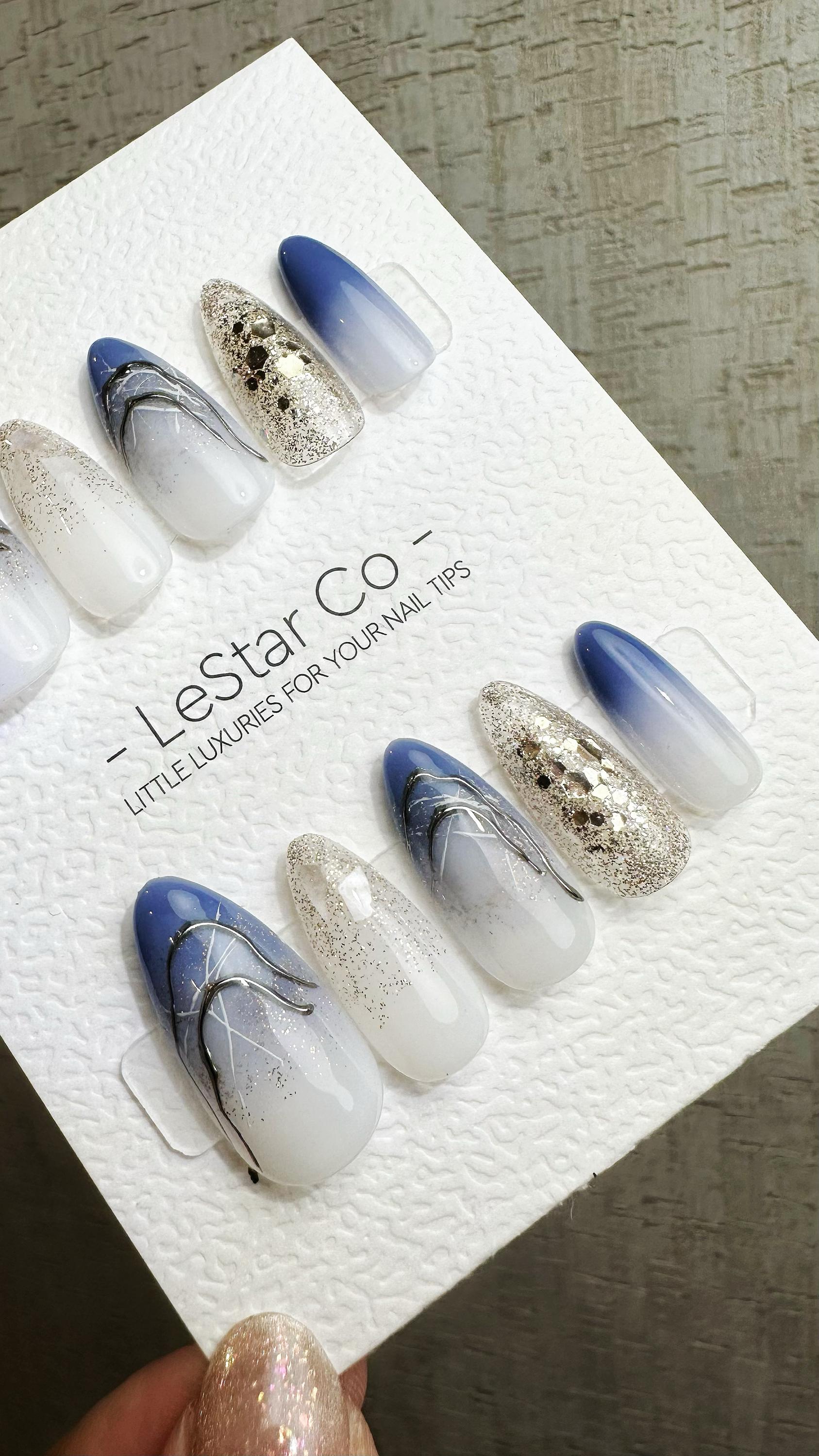 Reusable Frosty Blue Galaxy | Premium Press on Nails Gel Hand Painted Pressons Customizable Gel Nail Artist faux nails QN955