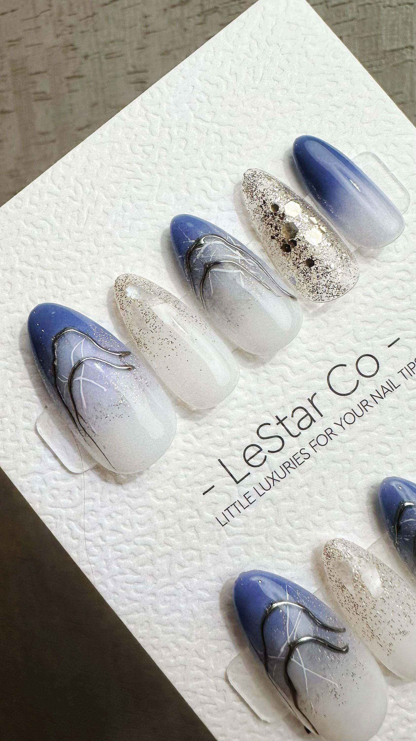Reusable Frosty Blue Galaxy | Premium Press on Nails Gel Hand Painted Pressons Customizable Gel Nail Artist faux nails QN955