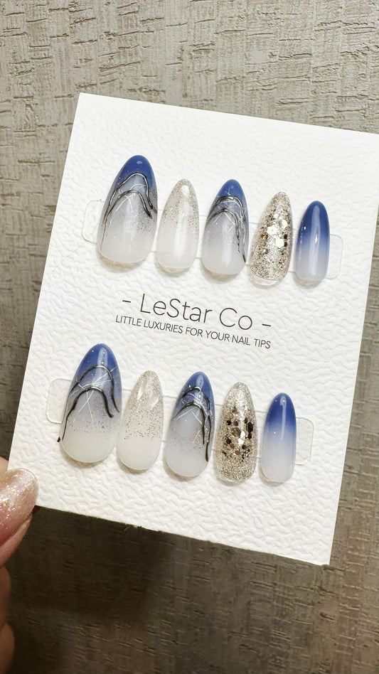 Reusable Frosty Blue Galaxy | Premium Press on Nails Gel Hand Painted Pressons Customizable Gel Nail Artist faux nails QN955