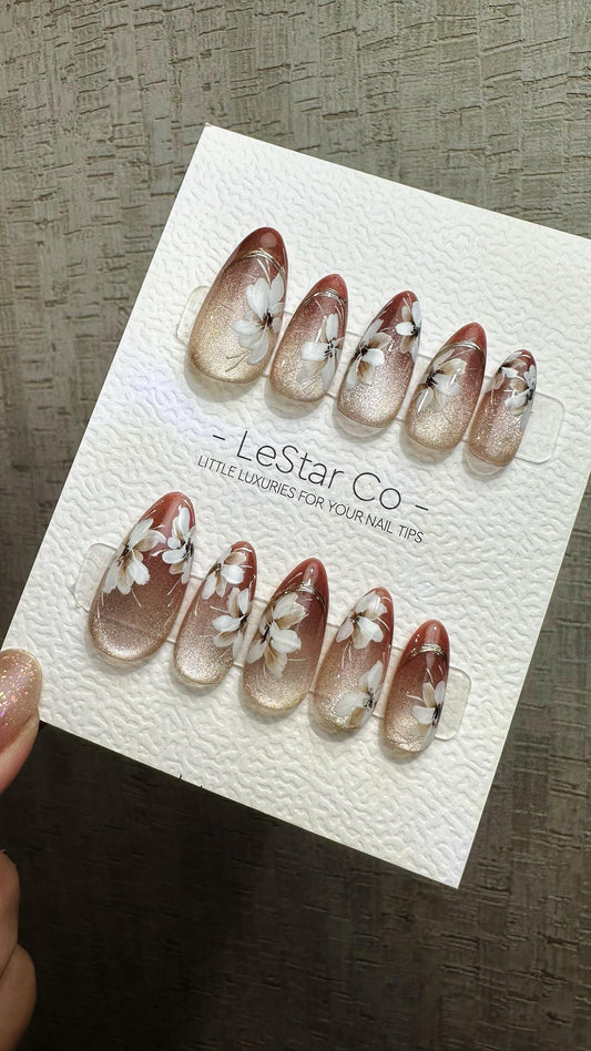 Reusable Autumn Blossom Glow Cat Eye Effect | Premium Press on Nails Gel Hand Painted Pressons Customizable Gel Nail Artist faux nails QN956