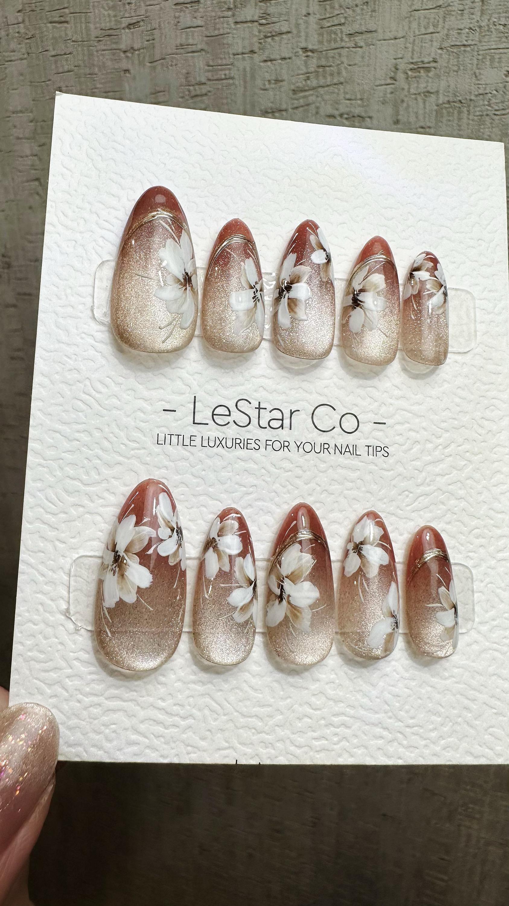 Reusable Autumn Blossom Glow Cat Eye Effect | Premium Press on Nails Gel Hand Painted Pressons Customizable Gel Nail Artist faux nails QN956