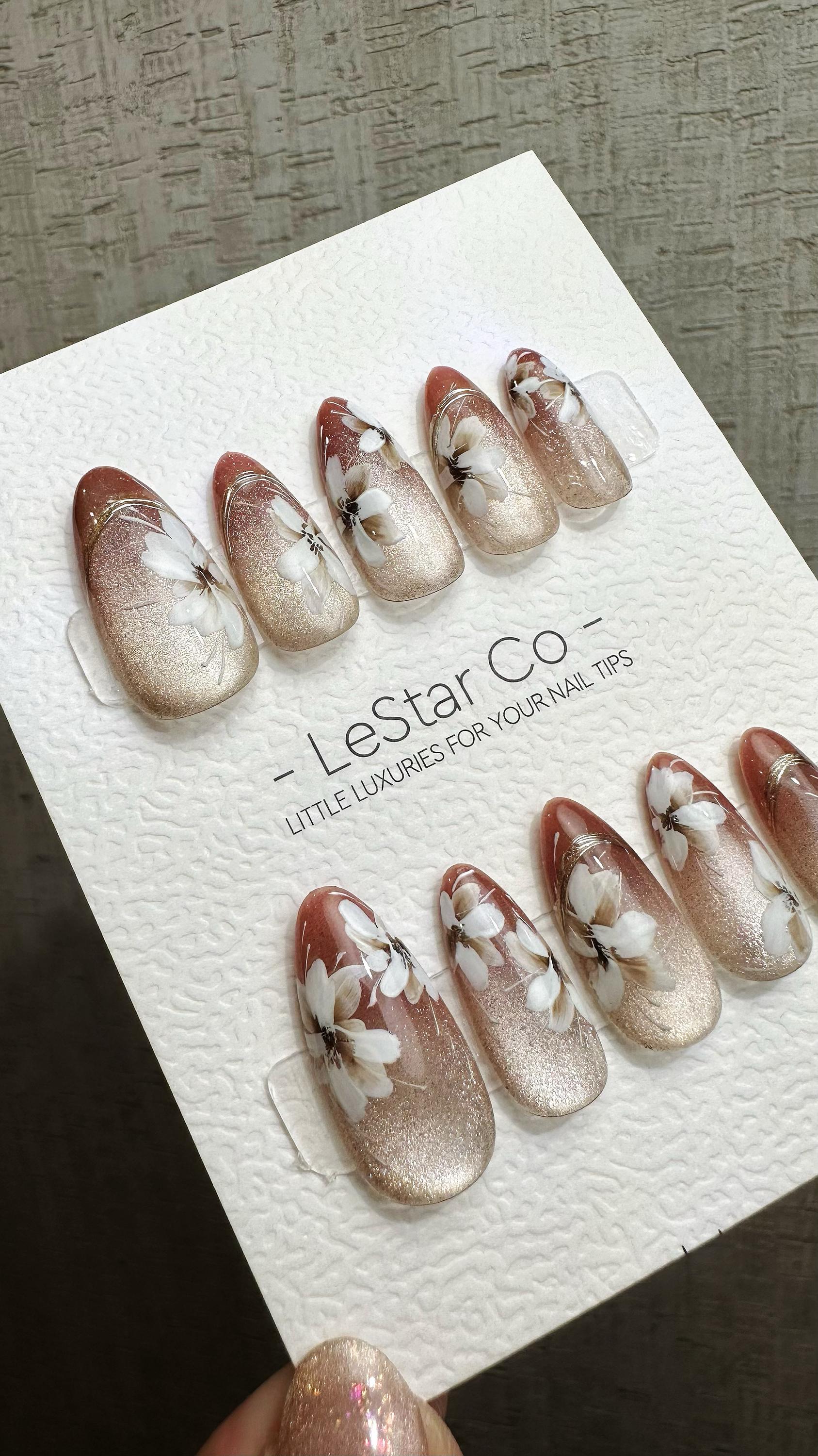 Reusable Autumn Blossom Glow Cat Eye Effect | Premium Press on Nails Gel Hand Painted Pressons Customizable Gel Nail Artist faux nails QN956
