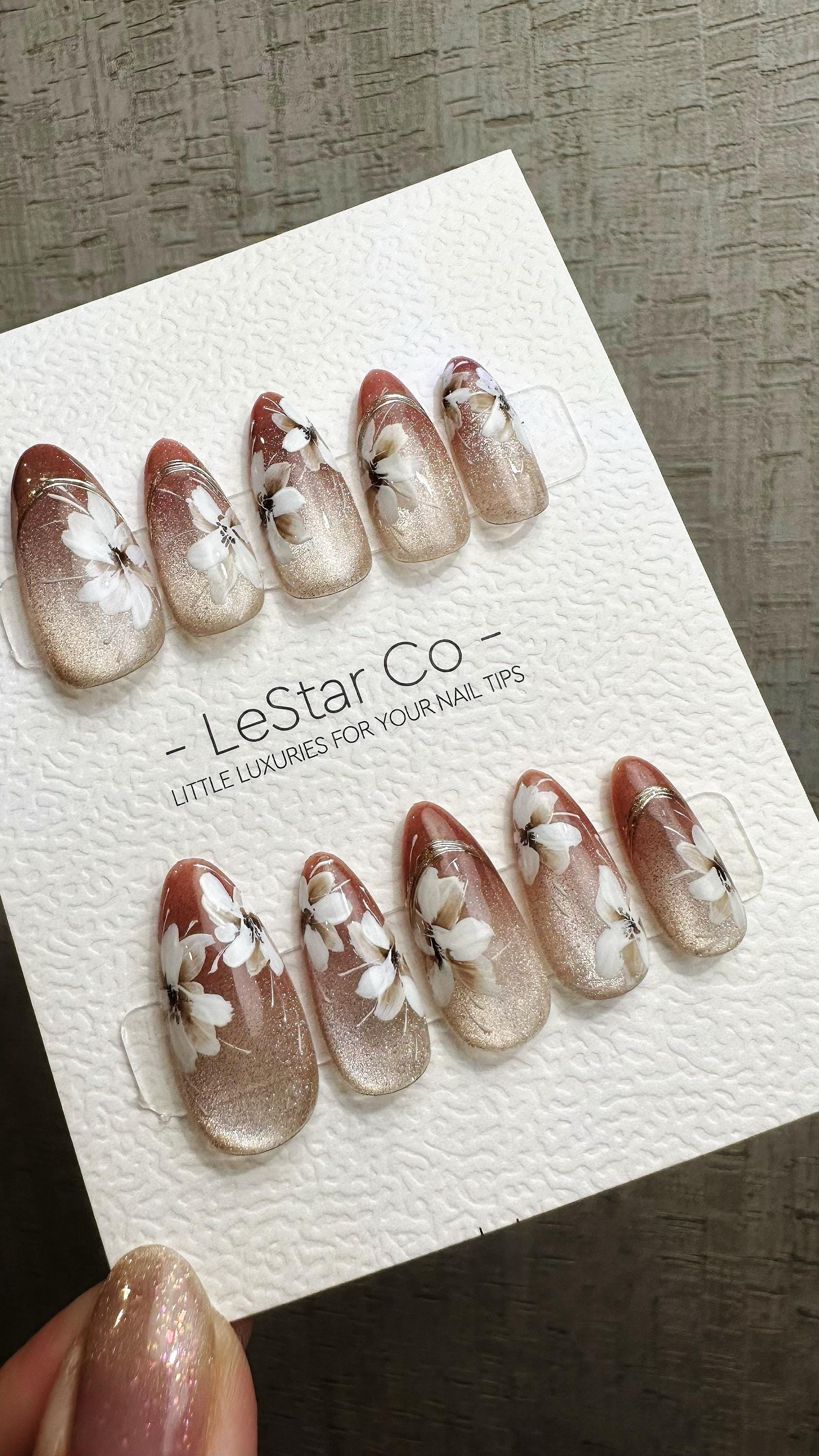 Reusable Autumn Blossom Glow Cat Eye Effect | Premium Press on Nails Gel Hand Painted Pressons Customizable Gel Nail Artist faux nails QN956