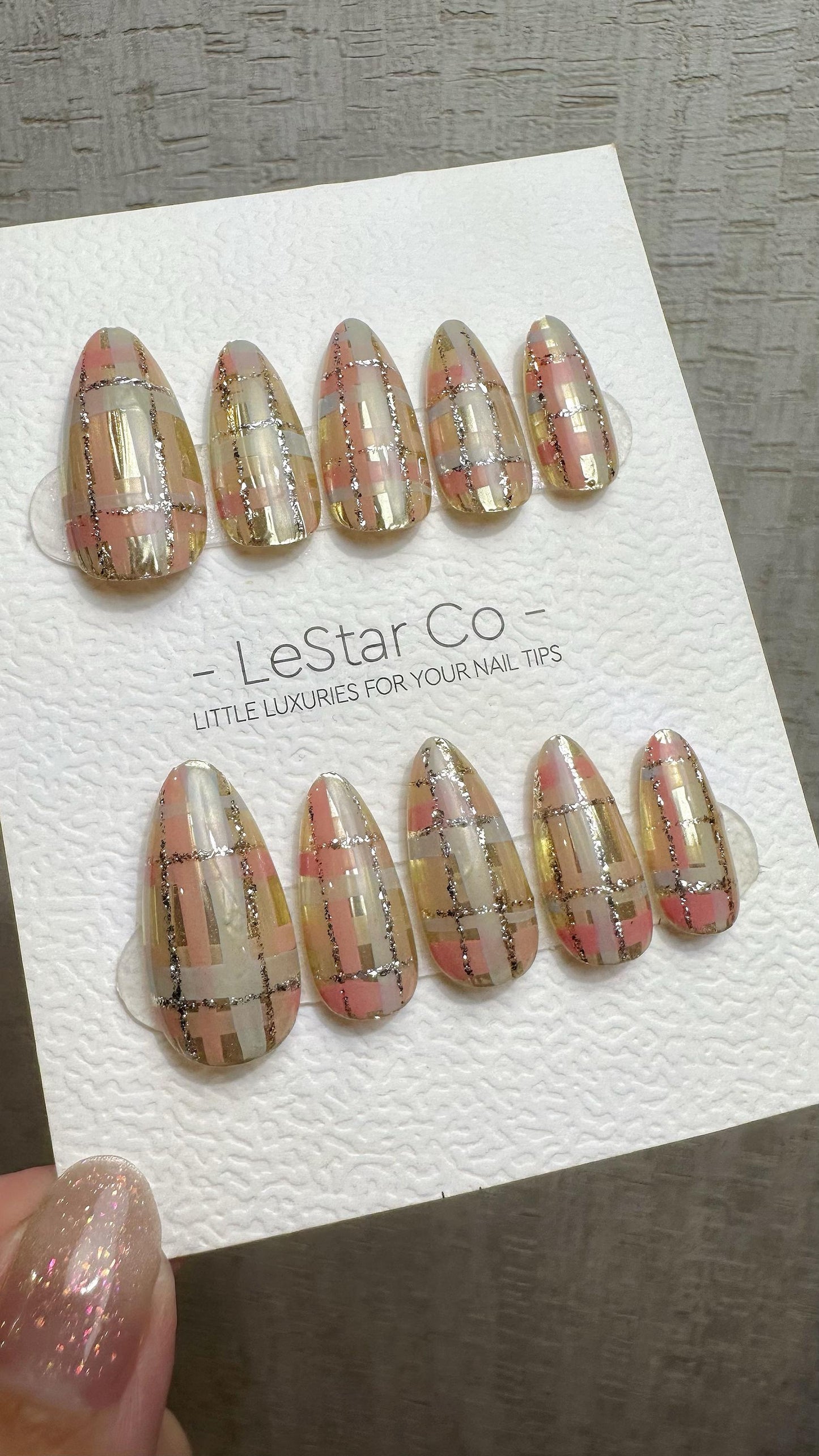 Reusable Peachy Blush Plaid | Premium Press on Nails Gel Hand Painted Pressons Customizable Gel Nail faux nails QN961