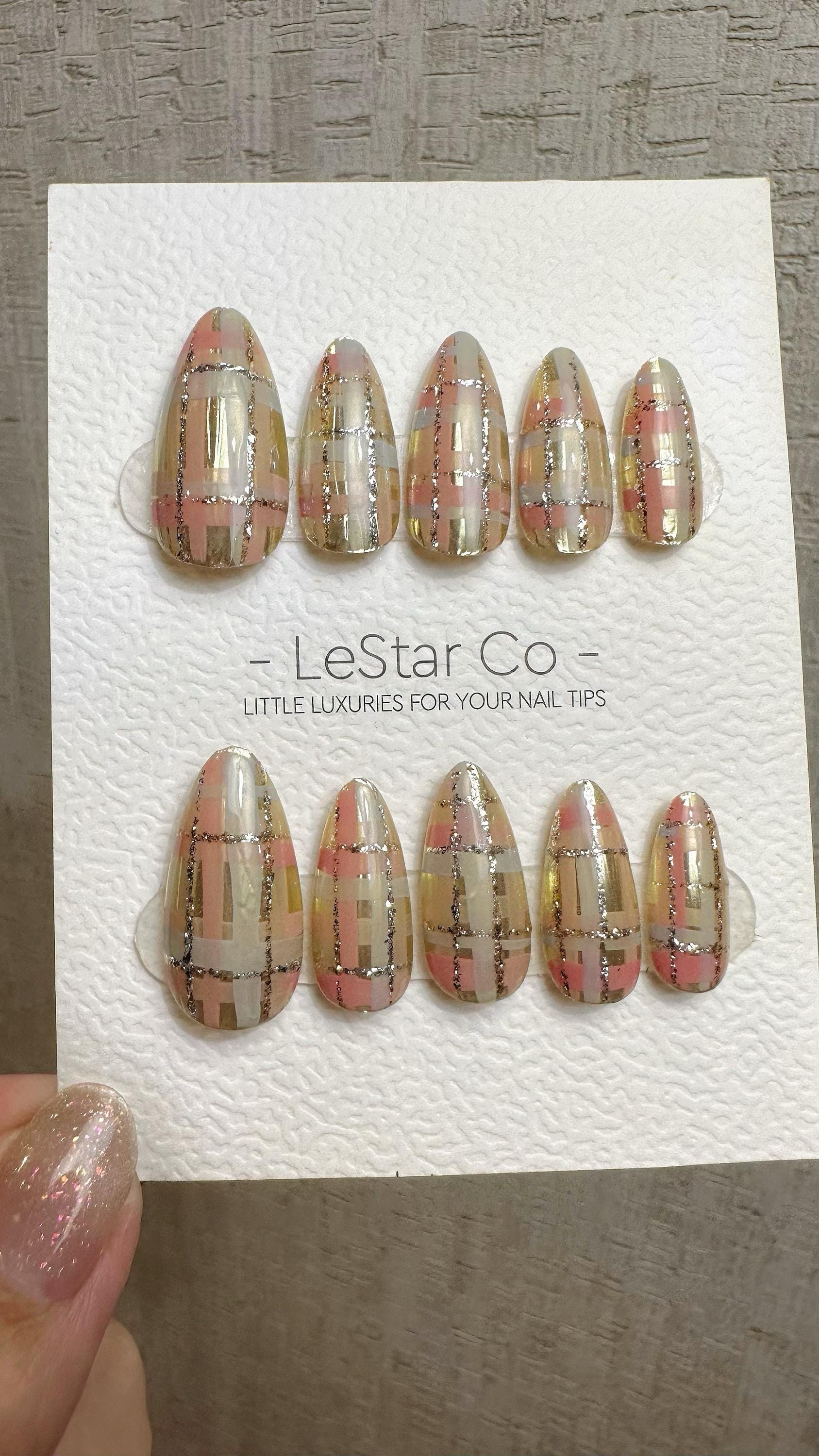Reusable Peachy Blush Plaid | Premium Press on Nails Gel Hand Painted Pressons Customizable Gel Nail faux nails QN961