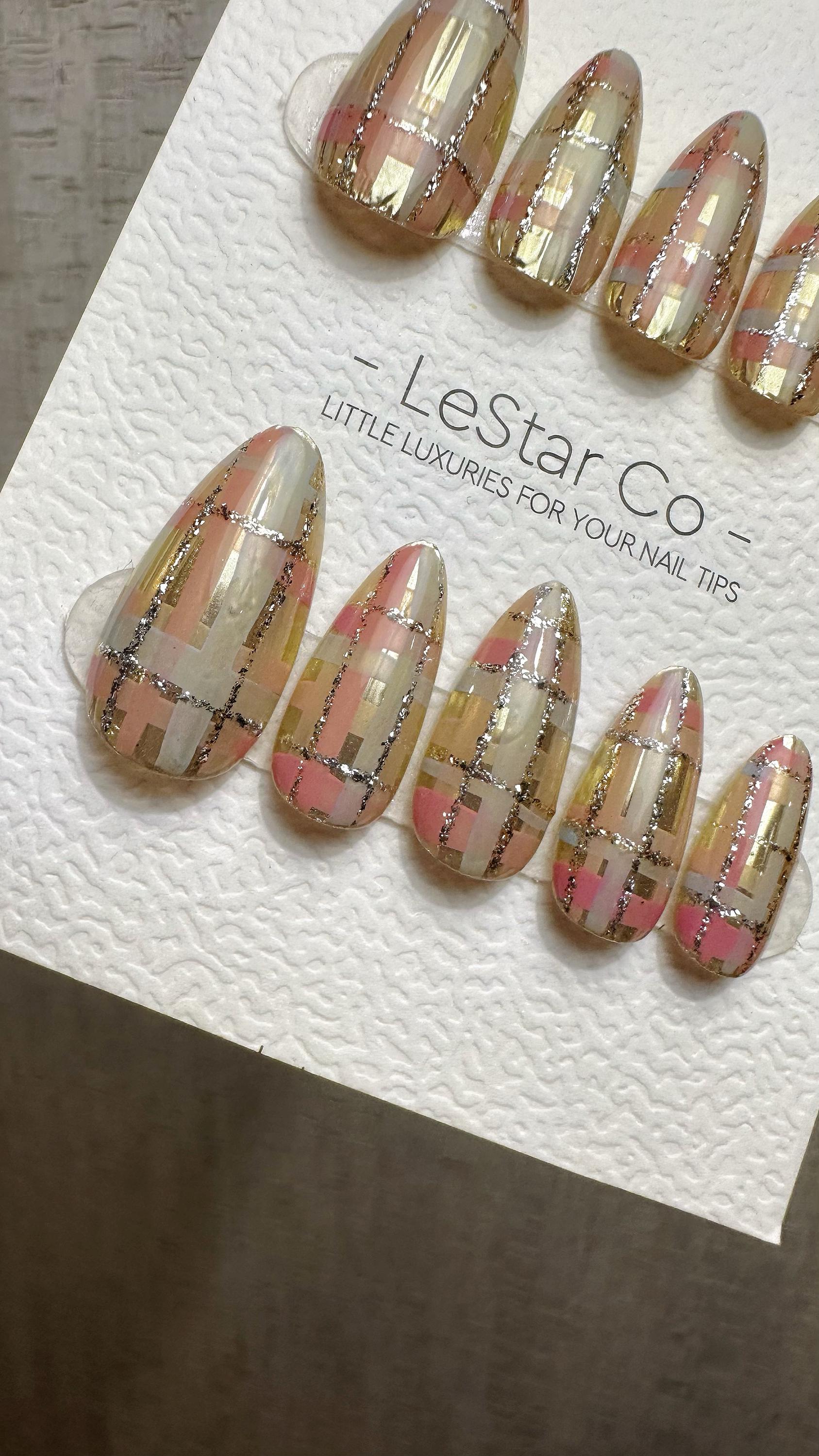 Reusable Peachy Blush Plaid | Premium Press on Nails Gel Hand Painted Pressons Customizable Gel Nail faux nails QN961