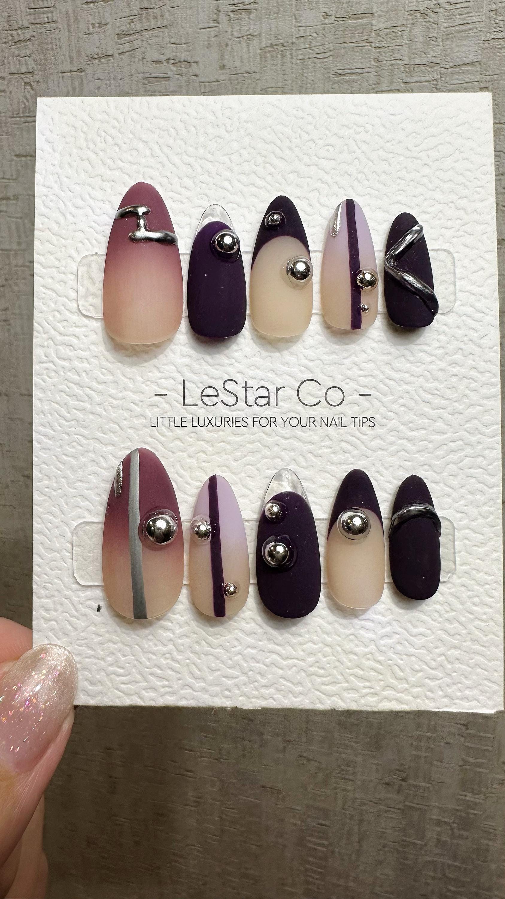 Reusable Silver Plum Horizon | Premium Press on Nails Gel Hand Painted Pressons Customizable Gel Nail faux nails QN962