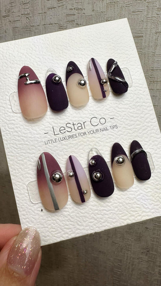 Reusable Silver Plum Horizon | Premium Press on Nails Gel Hand Painted Pressons Customizable Gel Nail faux nails QN962