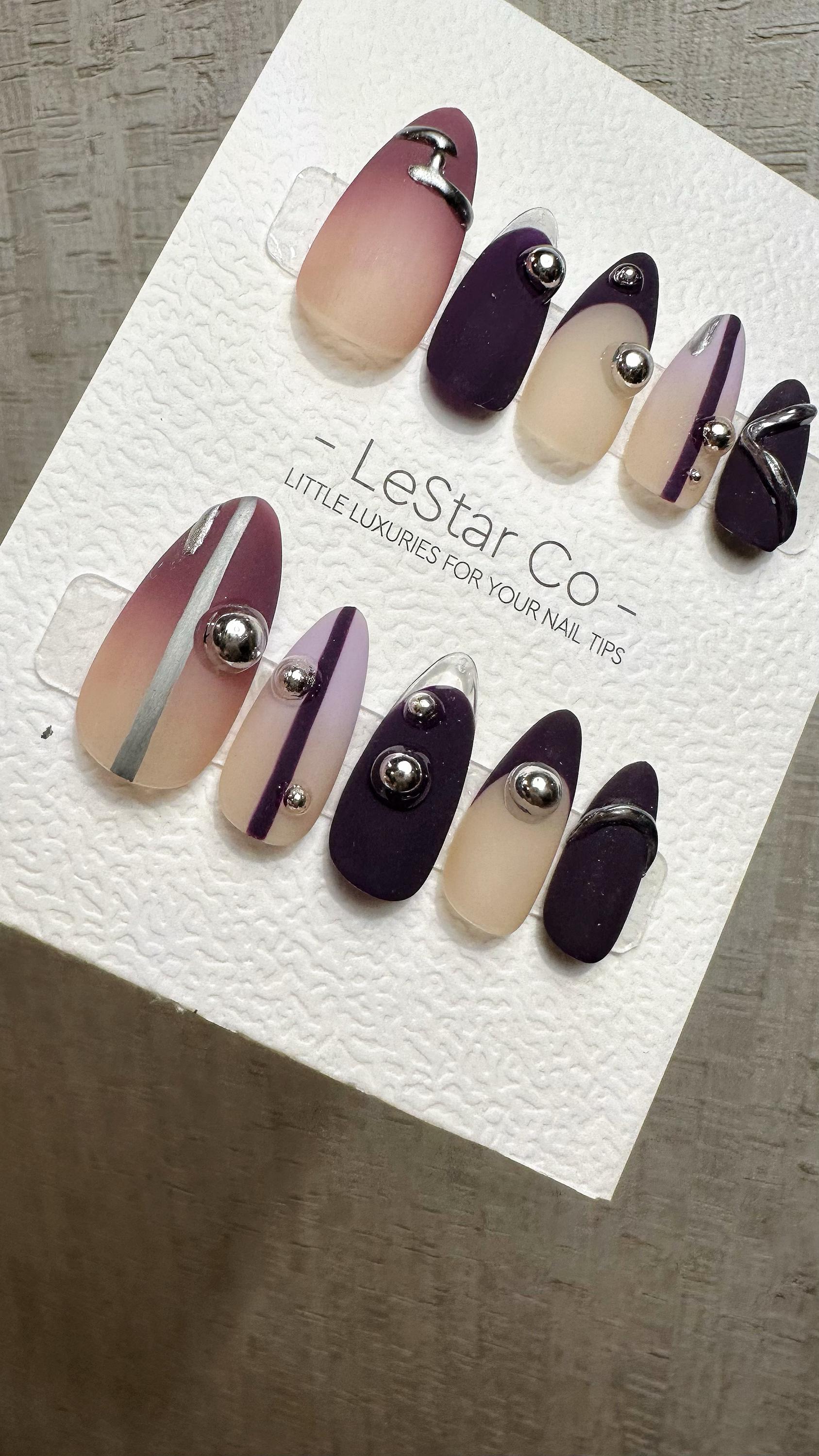 Reusable Silver Plum Horizon | Premium Press on Nails Gel Hand Painted Pressons Customizable Gel Nail faux nails QN962