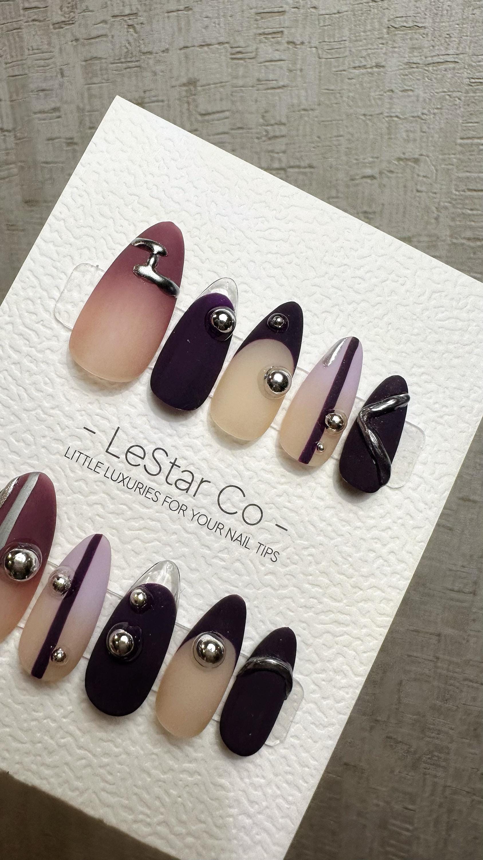 Reusable Silver Plum Horizon | Premium Press on Nails Gel Hand Painted Pressons Customizable Gel Nail faux nails QN962