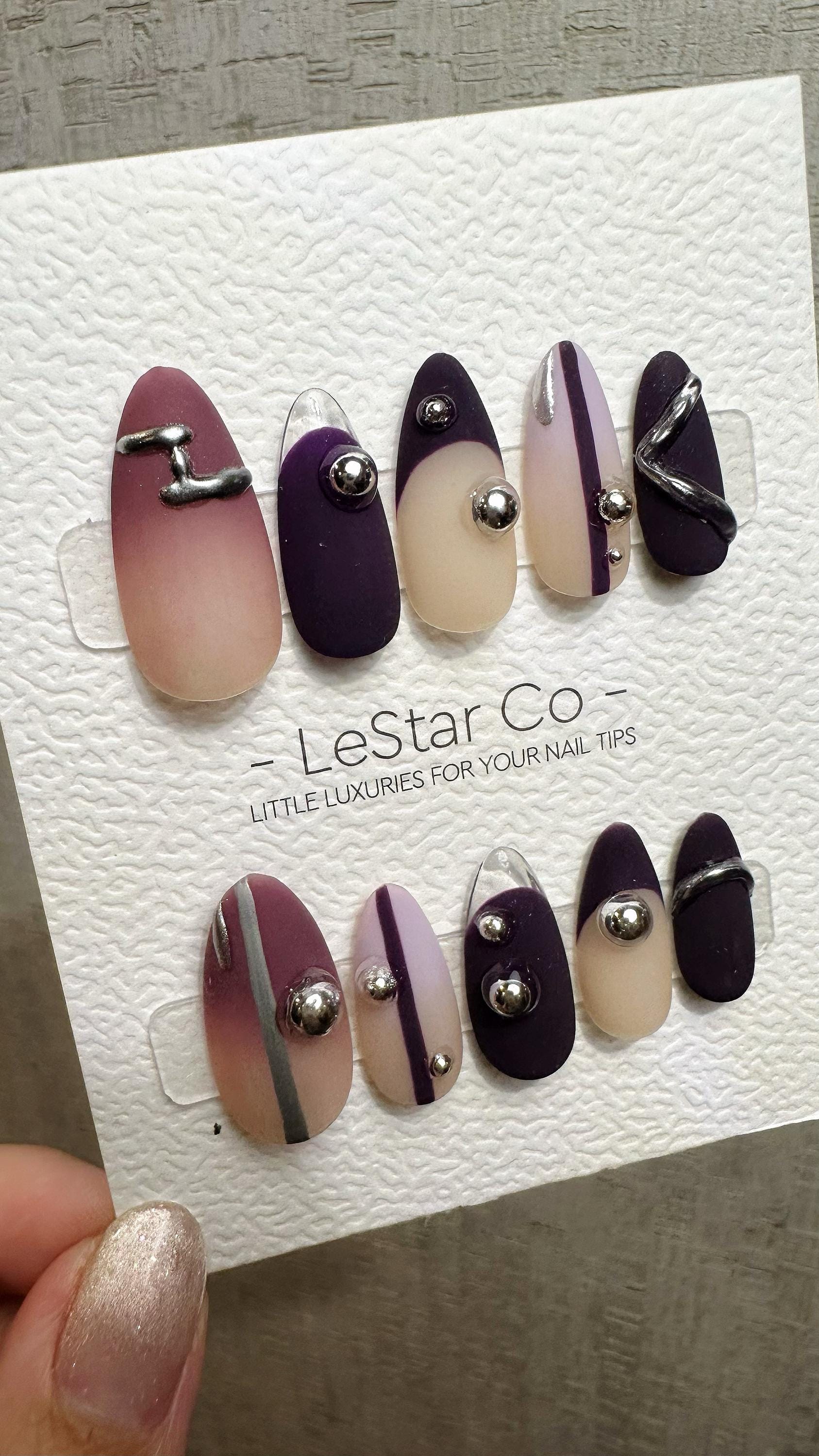 Reusable Silver Plum Horizon | Premium Press on Nails Gel Hand Painted Pressons Customizable Gel Nail faux nails QN962