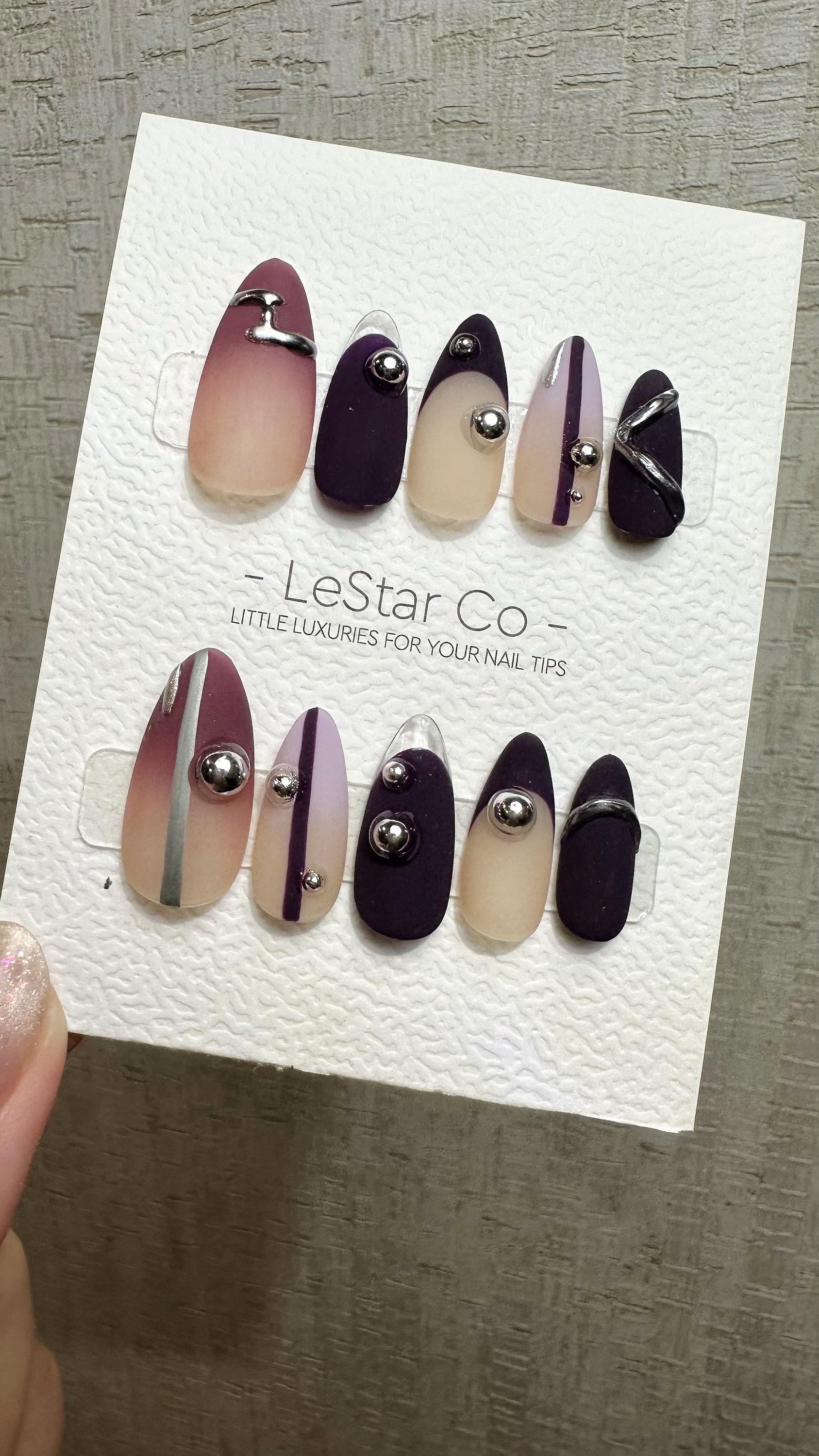 Reusable Silver Plum Horizon | Premium Press on Nails Gel Hand Painted Pressons Customizable Gel Nail faux nails QN962