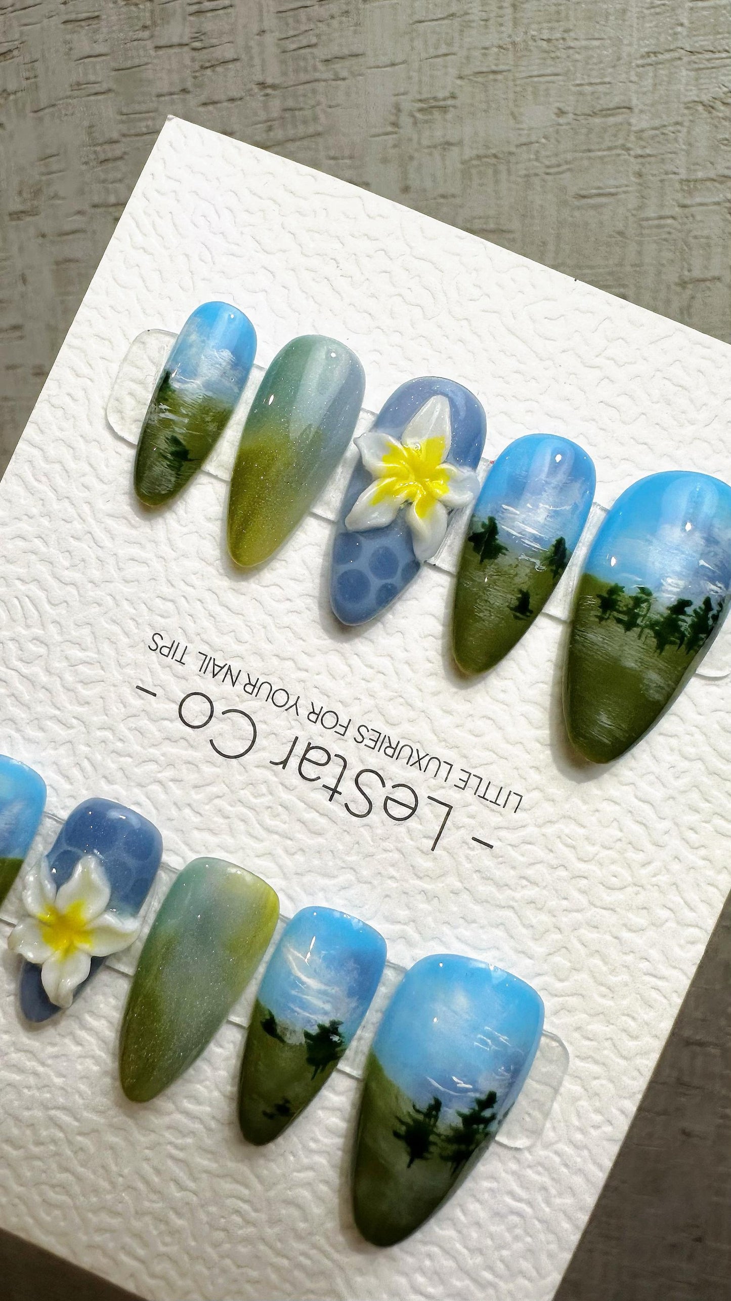 Reusable Blue Forest Dreamscape | Premium Press on Nails Gel Hand Painted Pressons Customizable Gel Nail faux nails QN963