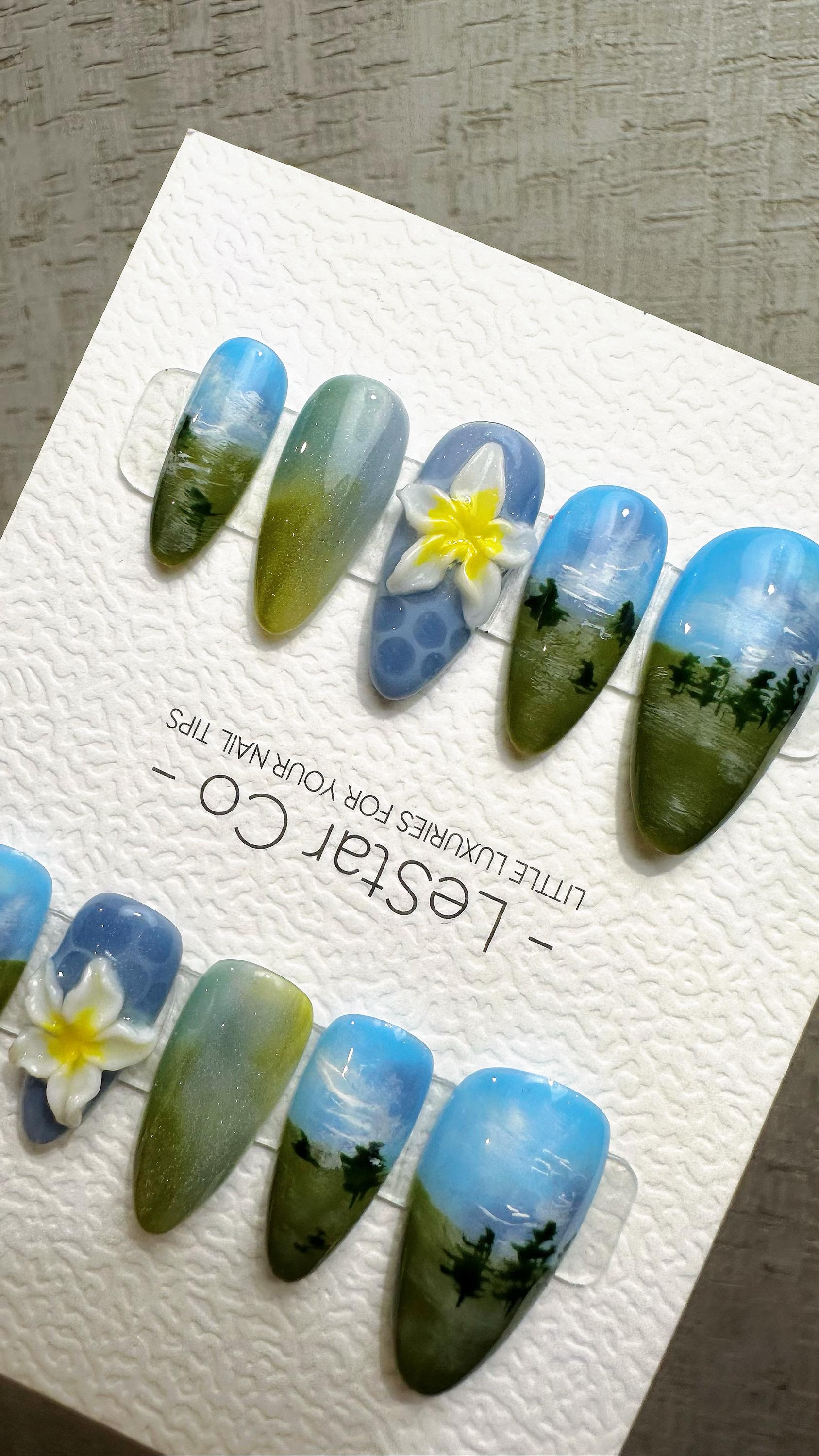 Reusable Blue Forest Dreamscape | Premium Press on Nails Gel Hand Painted Pressons Customizable Gel Nail faux nails QN963