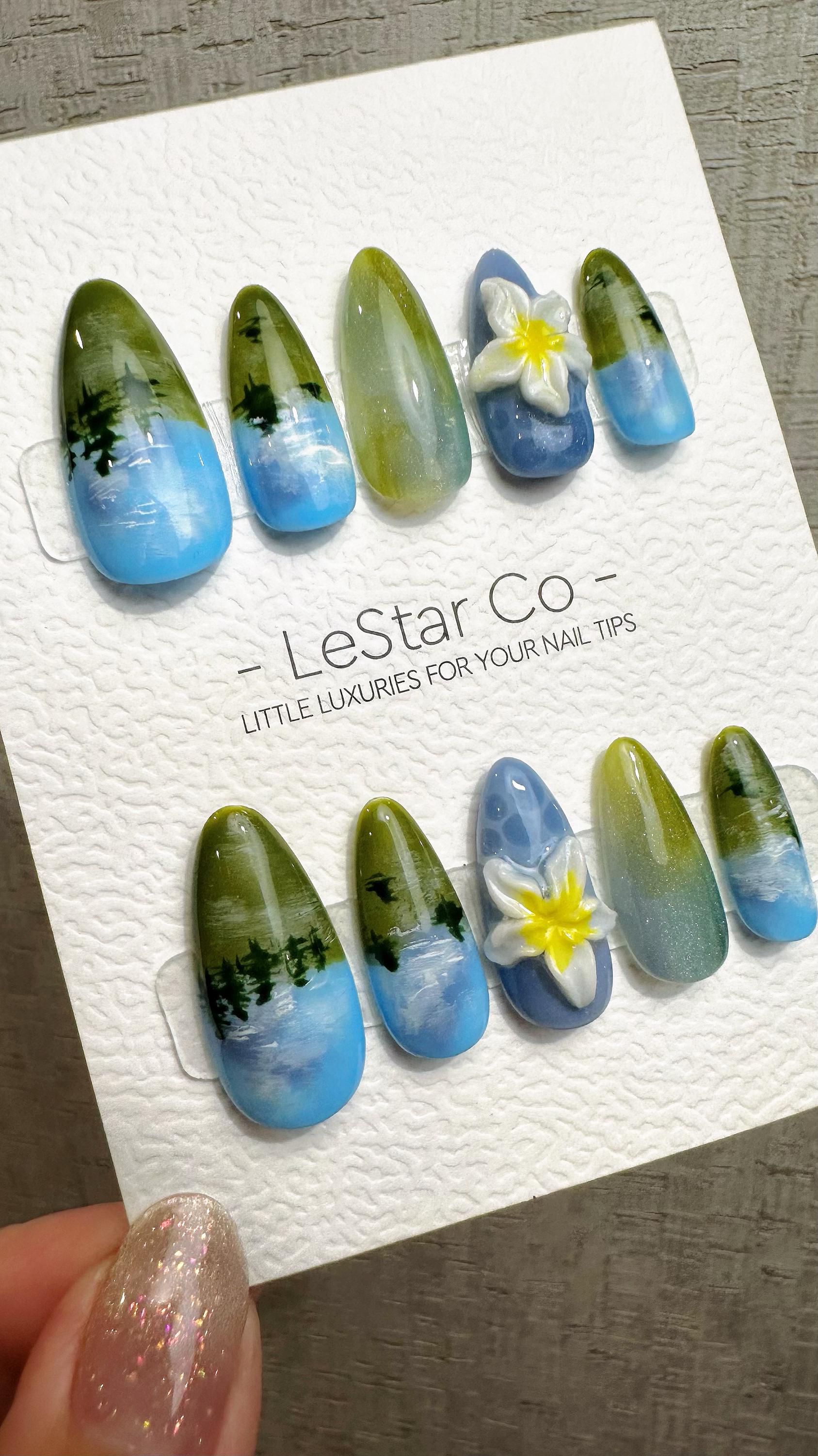 Reusable Blue Forest Dreamscape | Premium Press on Nails Gel Hand Painted Pressons Customizable Gel Nail faux nails QN963