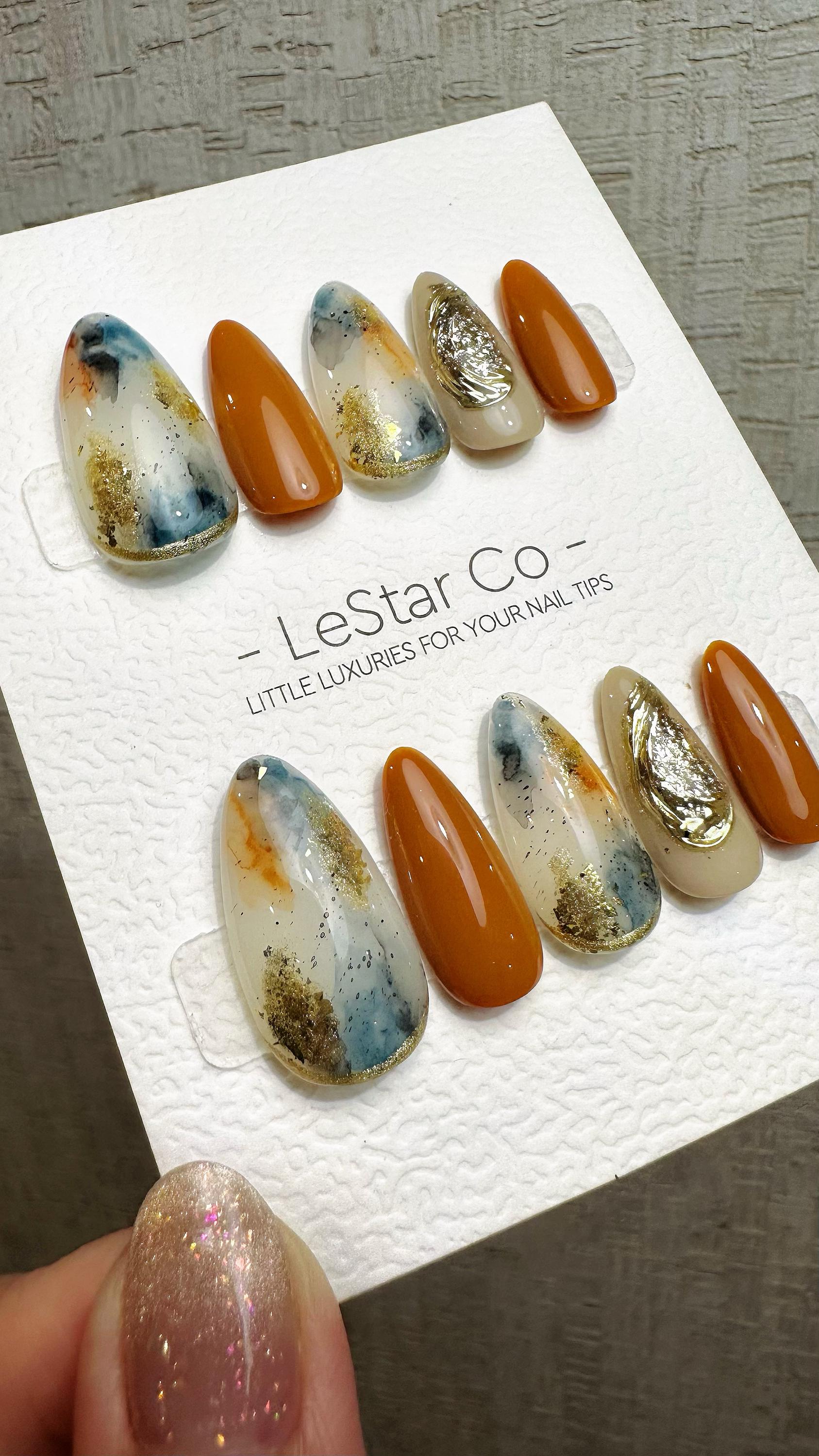 Reusable Terracotta Sky Fusion | Premium Press on Nails Gel Hand Painted Pressons Customizable Gel Nail faux nails QN965