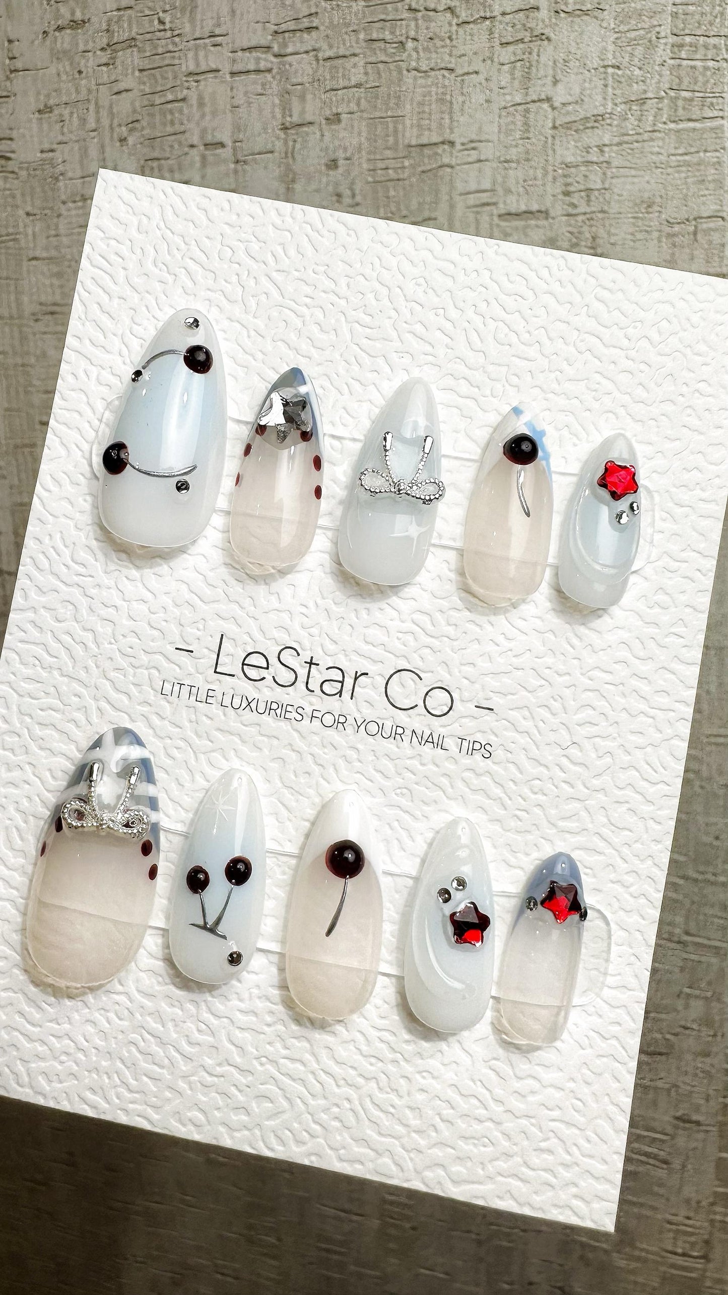 Reusable Crystal Cherry Sparkle | Premium Handmade Press on Nails Gel | Fake Nails | Cute Fun Colorful Gel Nail Artist faux nails QN969