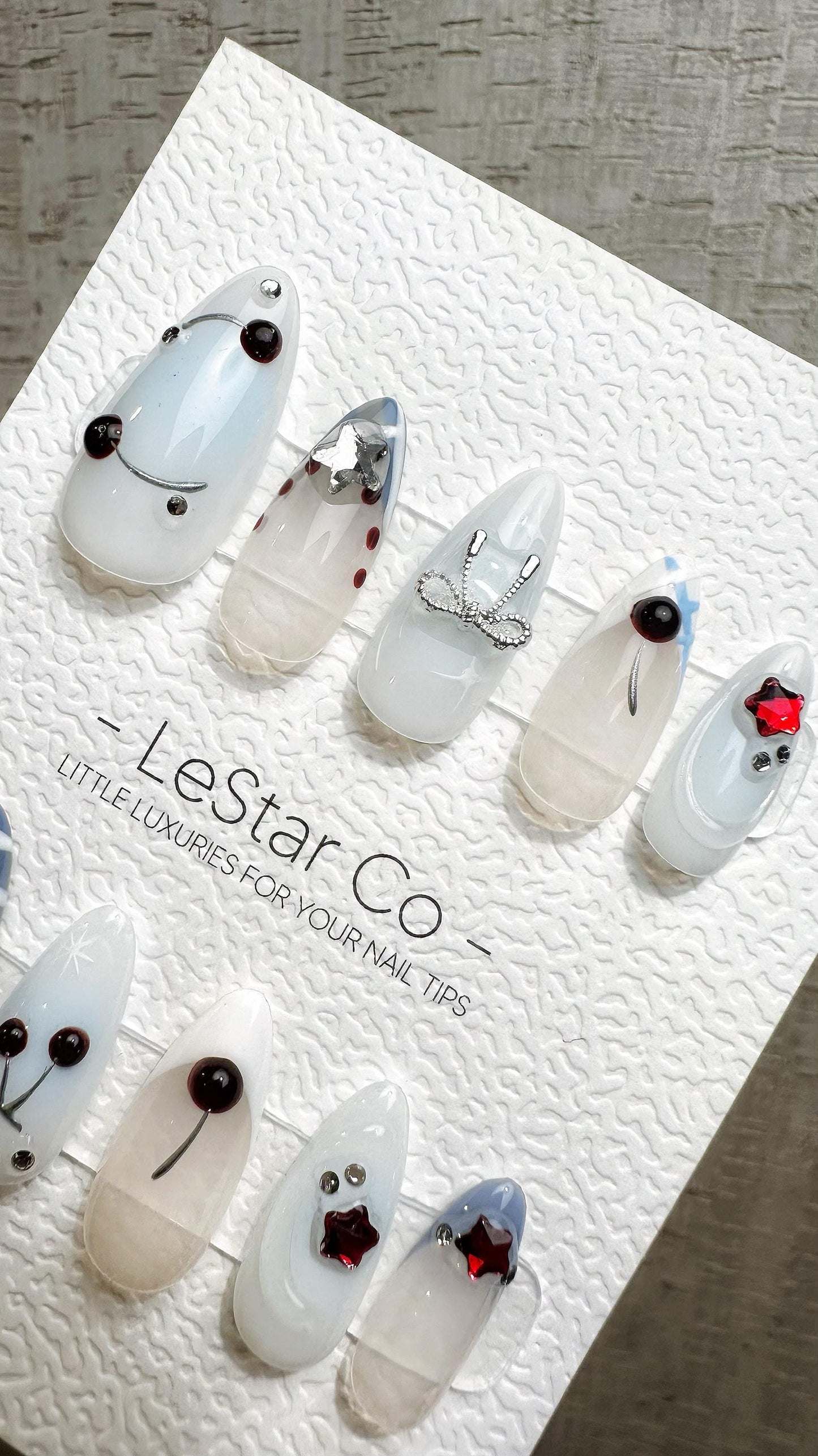 Reusable Crystal Cherry Sparkle | Premium Handmade Press on Nails Gel | Fake Nails | Cute Fun Colorful Gel Nail Artist faux nails QN969