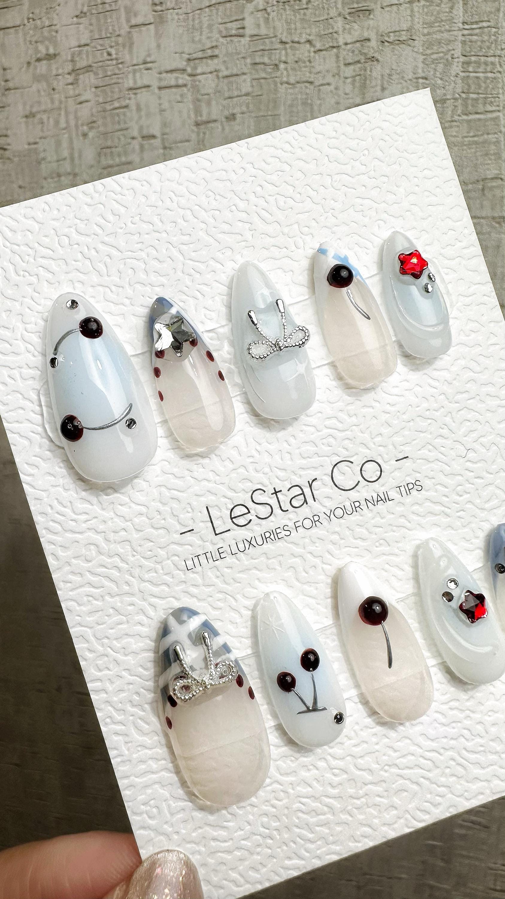 Reusable Crystal Cherry Sparkle | Premium Handmade Press on Nails Gel | Fake Nails | Cute Fun Colorful Gel Nail Artist faux nails QN969