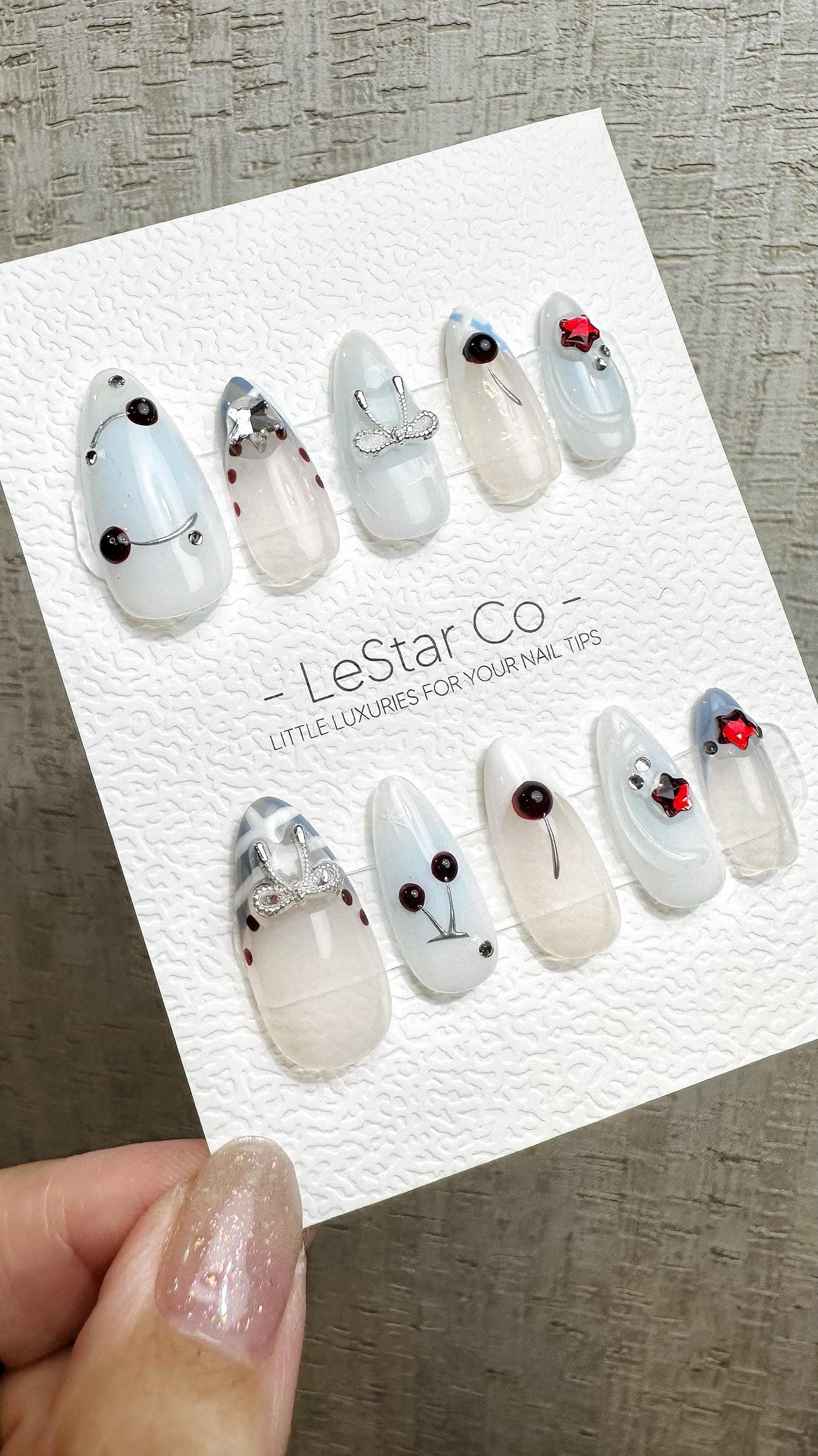 Reusable Crystal Cherry Sparkle | Premium Handmade Press on Nails Gel | Fake Nails | Cute Fun Colorful Gel Nail Artist faux nails QN969