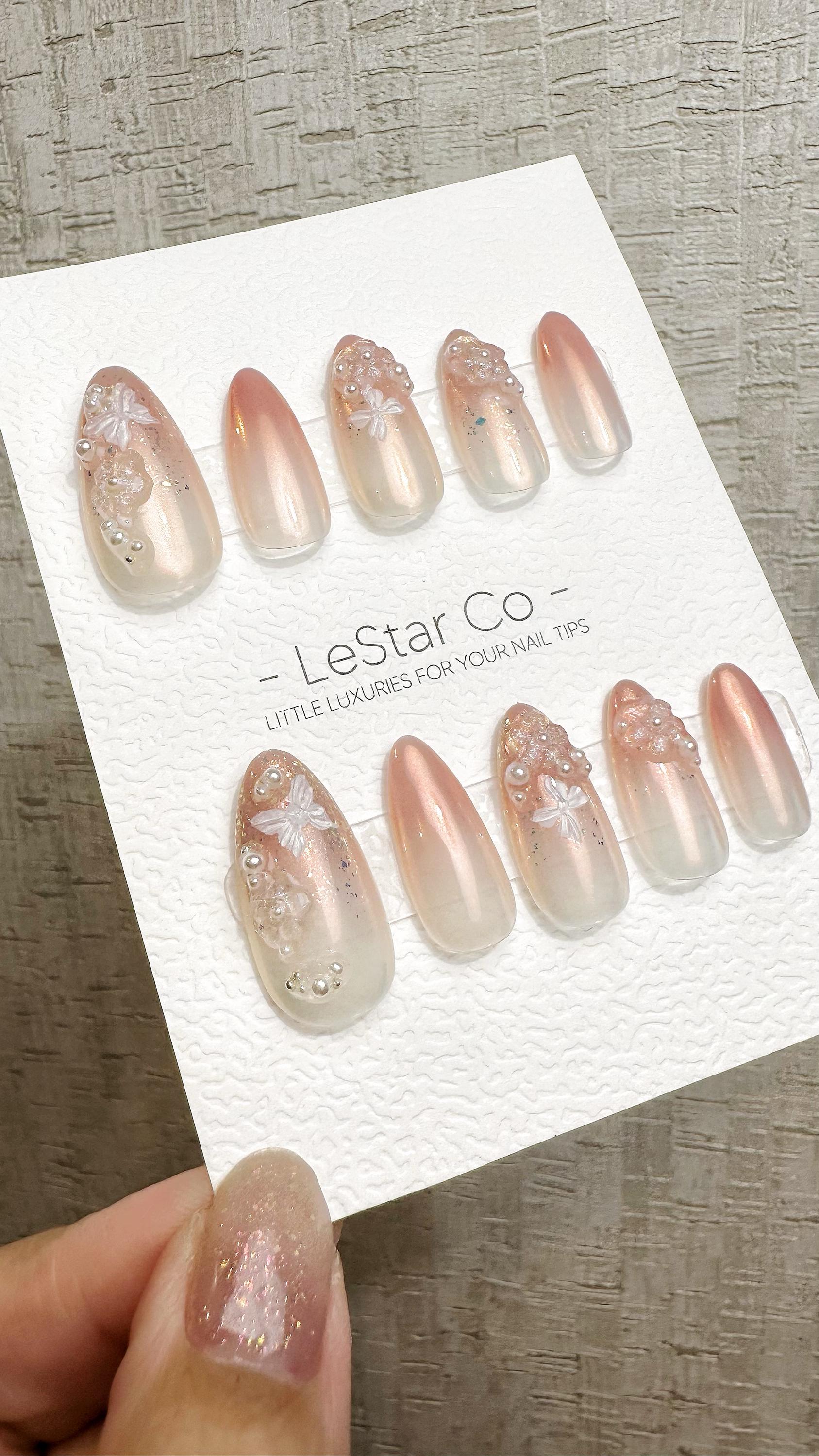 Reusable Pearl Blossom Dream | Premium Handmade Press on Nails Gel | Fake Nails | Cute Fun Colorful Gel Nail Artist faux nails QN970