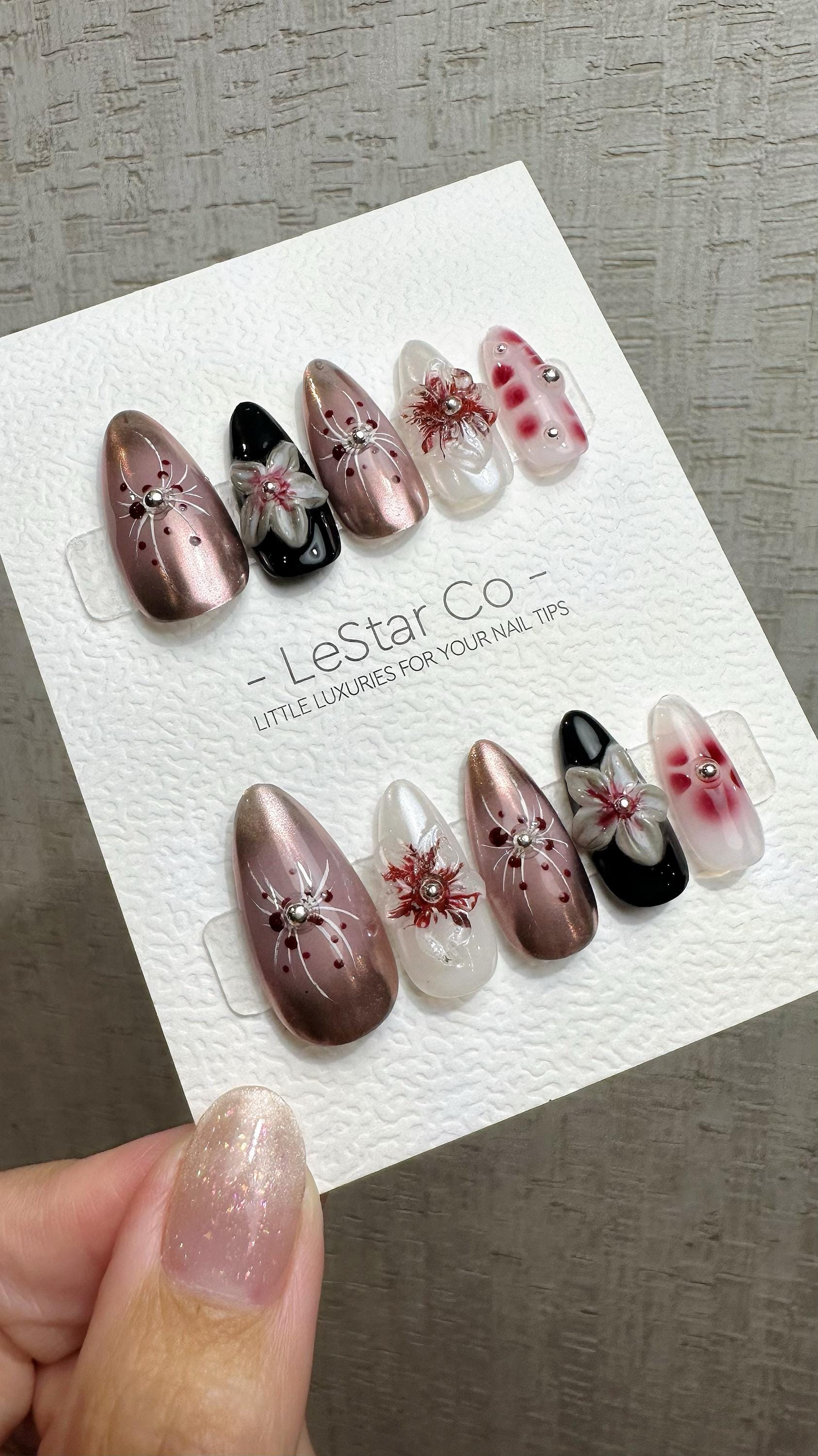 Reusable Rose Gold Floral 3D Pop | Premium Handmade Press on Nails Gel | Fake Nails | Cute Fun Colorful Gel Nail Artist faux nails QN971
