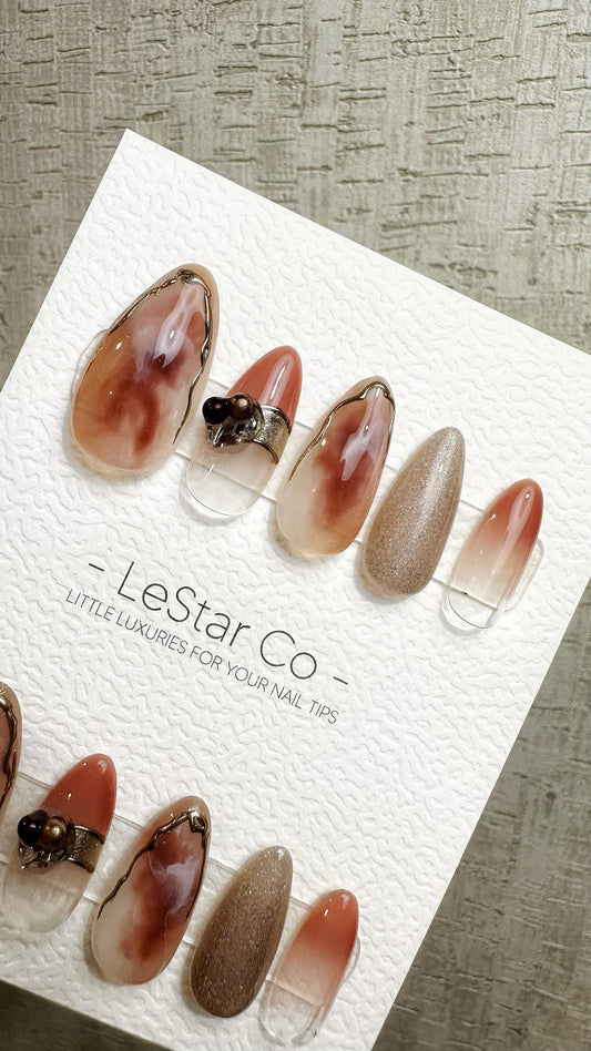 Reusable Peach Marble Glow | Premium Handmade Press on Nails Gel Hand Painted Pressons Customizable Gel Nail Artist faux nails QN972