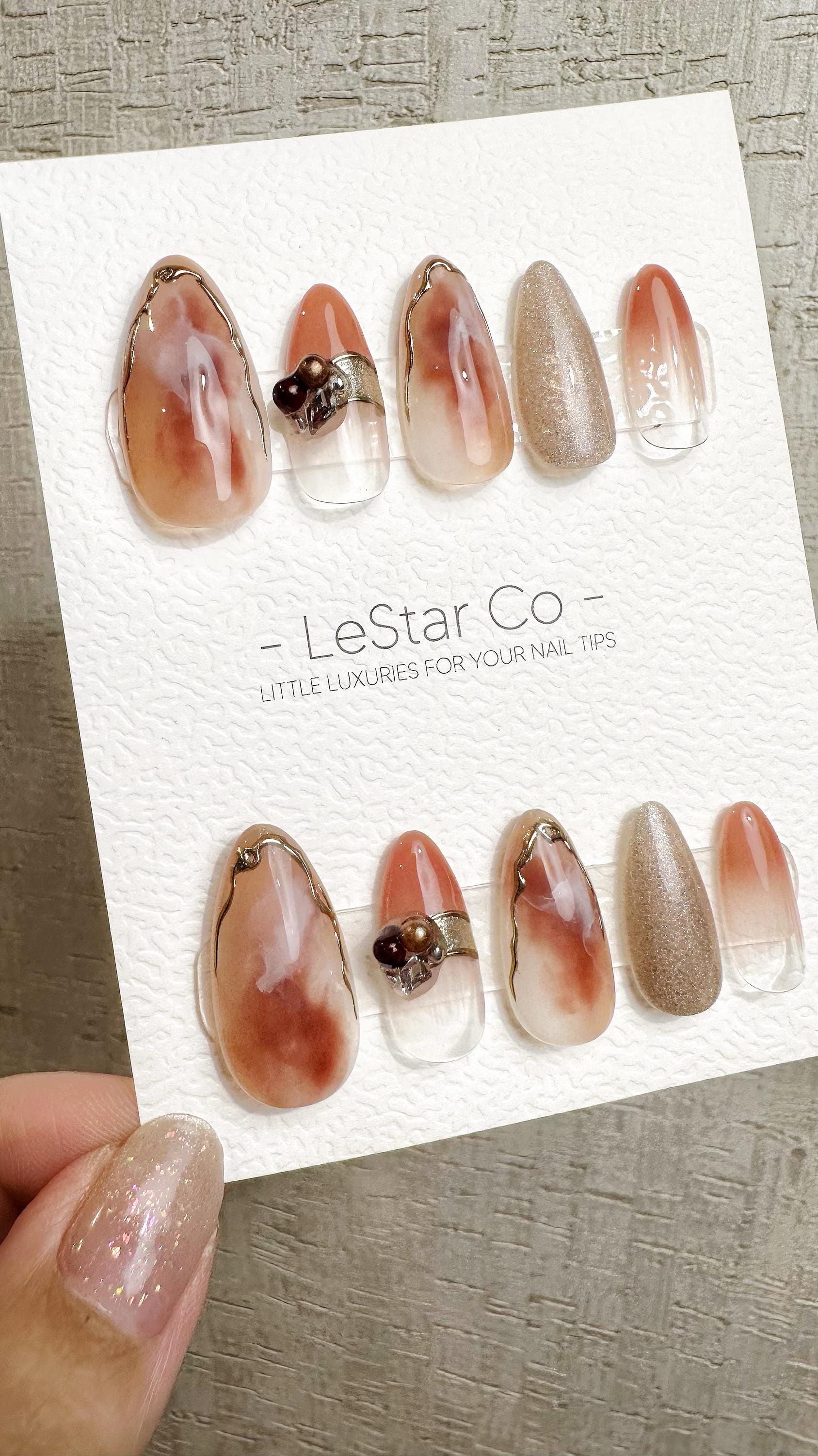 Reusable Peach Marble Glow | Premium Handmade Press on Nails Gel Hand Painted Pressons Customizable Gel Nail Artist faux nails QN972