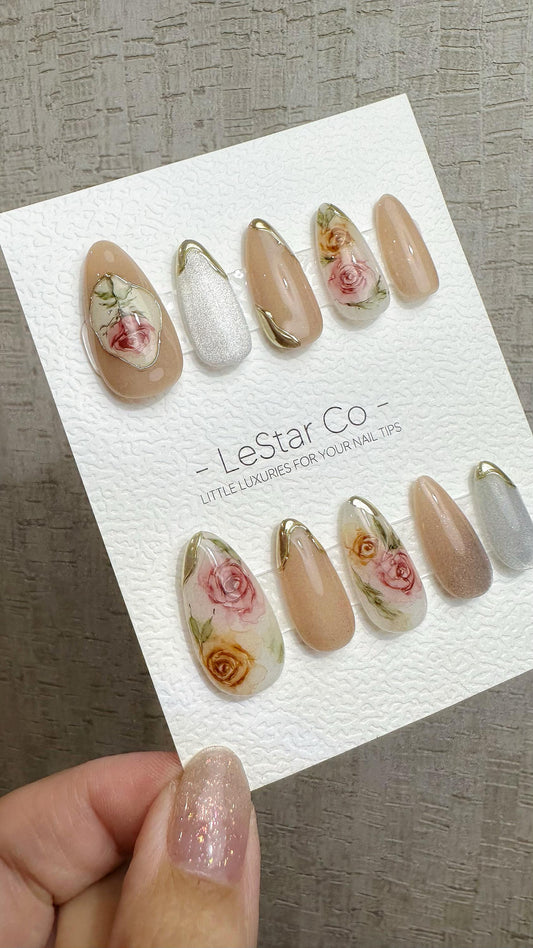 Reusable Rose Lover | Premium Handmade Press on Nails Gel Hand Painted Pressons Customizable Gel Nail Artist faux nails QN974
