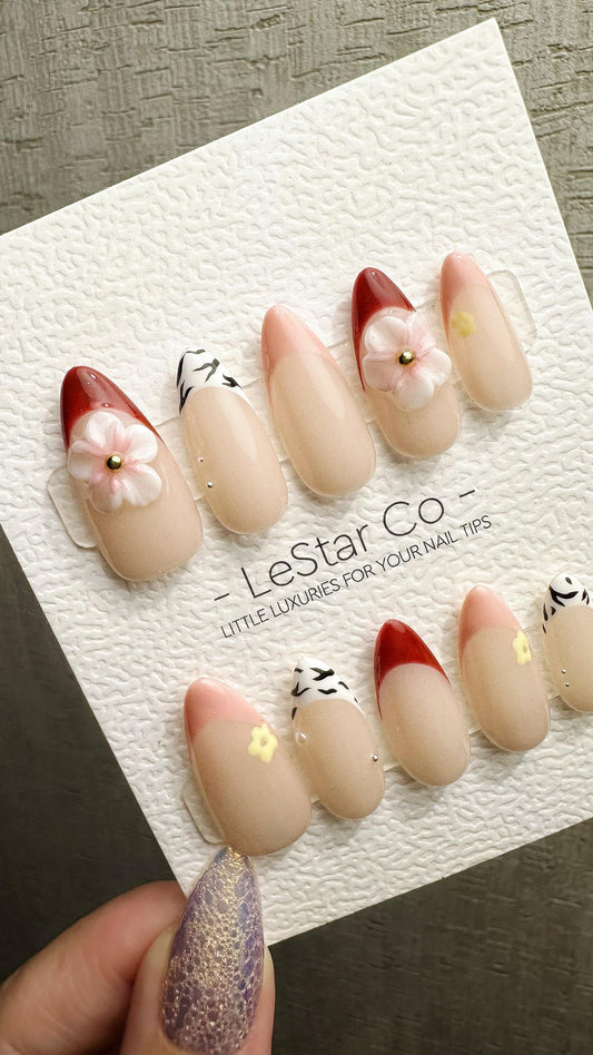 Reusable Blushing Petals French Tip | Premium Handmade Press on Nails Gel | Fake Nails | Cute Fun Colorful Gel Nail Artist faux nails WM975