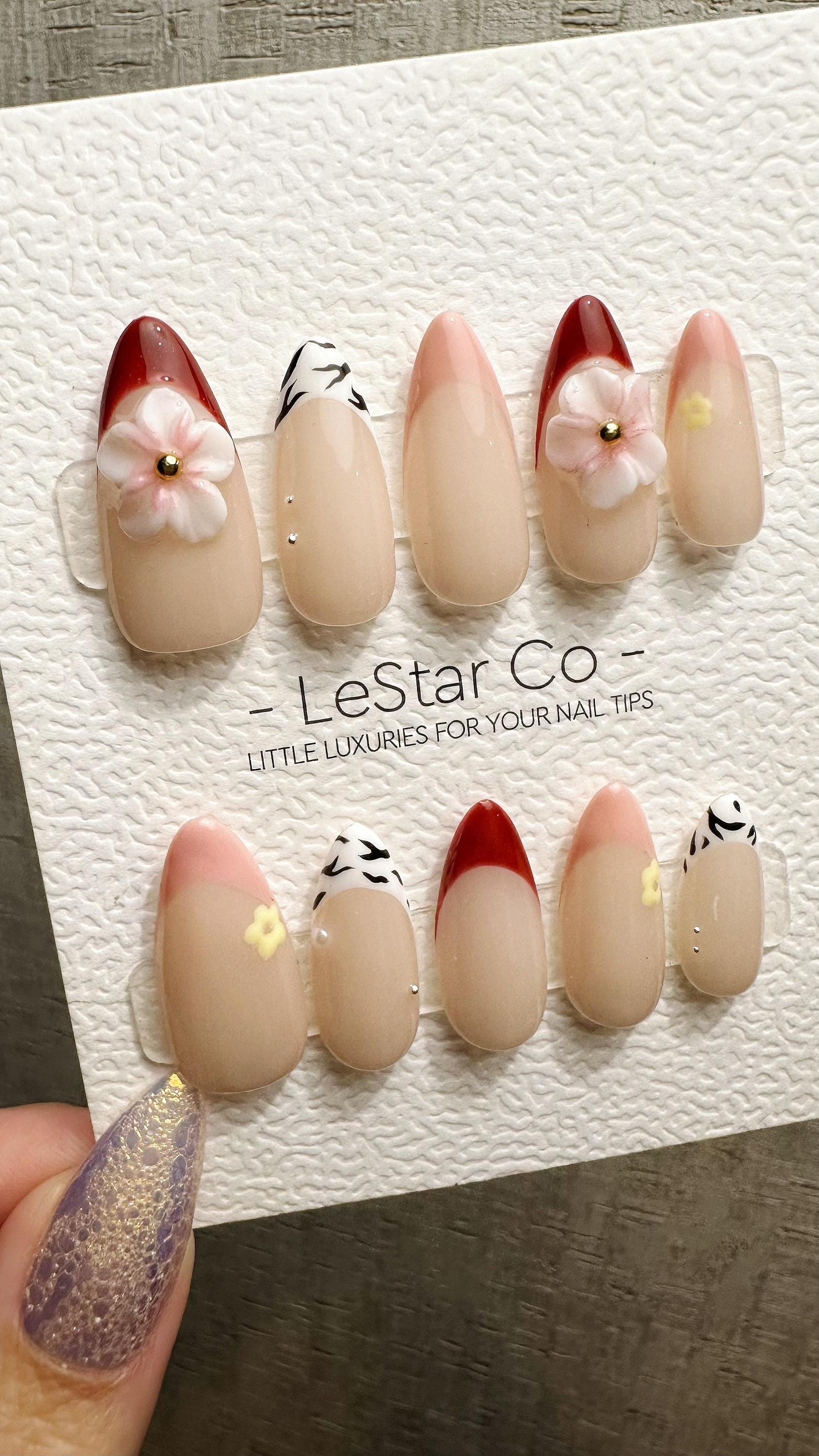 Reusable Blushing Petals French Tip | Premium Handmade Press on Nails Gel | Fake Nails | Cute Fun Colorful Gel Nail Artist faux nails WM975