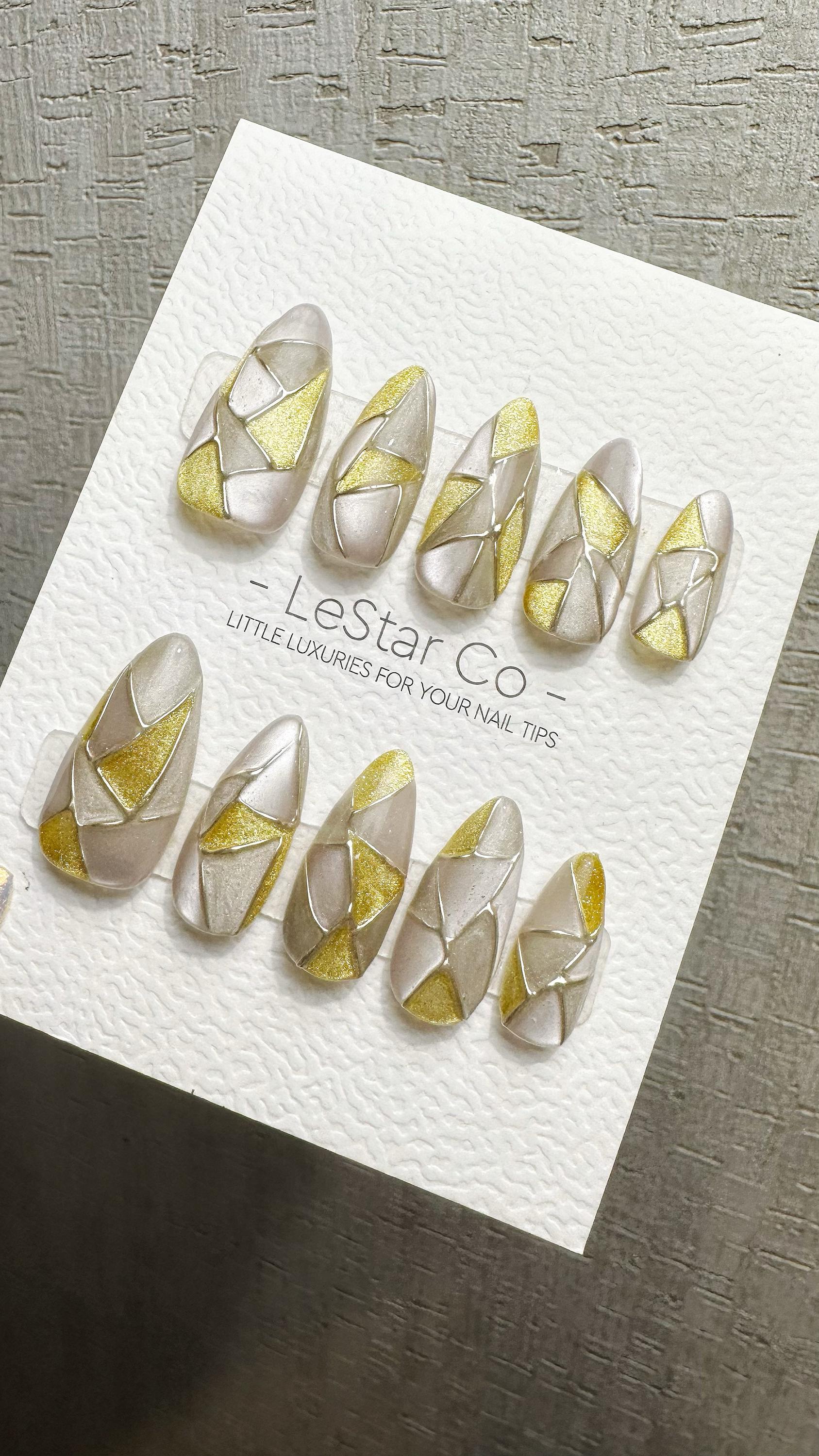 Reusable Golden Shards | Premium Handmade Press on Nails Gel | Fake Nails | Cute Fun Colorful Gel Nail Artist faux nails WM976