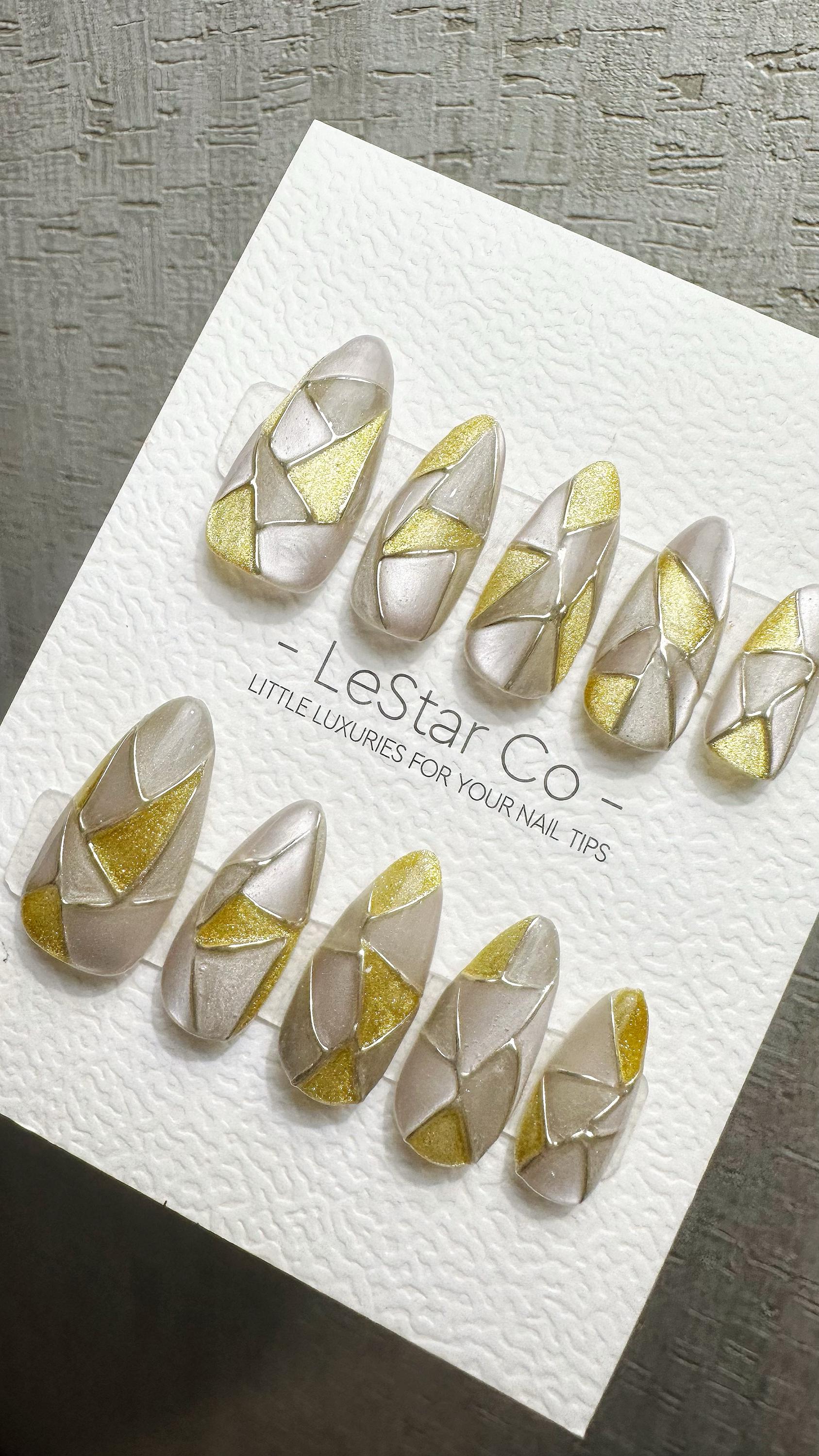 Reusable Golden Shards | Premium Handmade Press on Nails Gel | Fake Nails | Cute Fun Colorful Gel Nail Artist faux nails WM976
